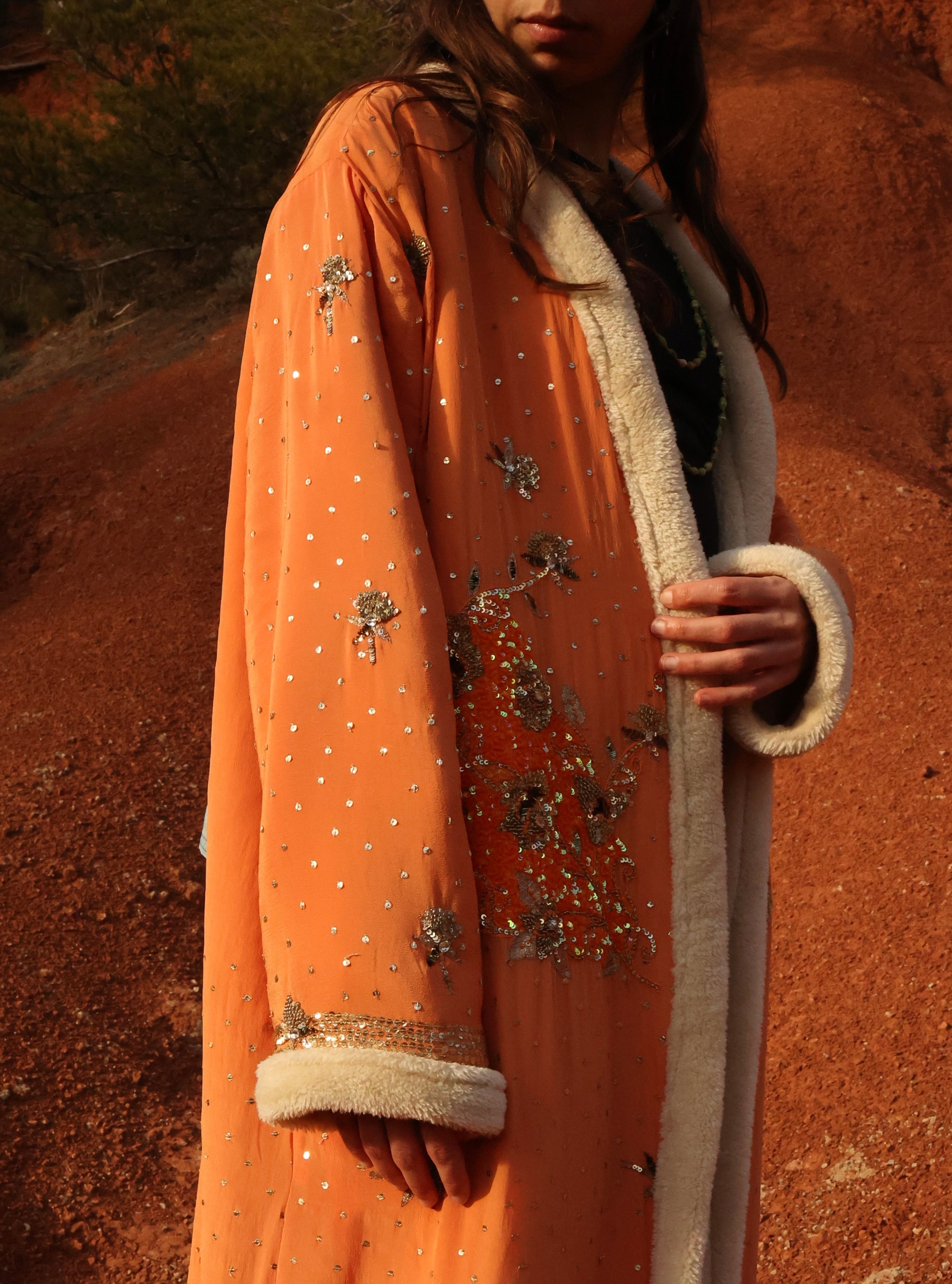 The Magical natural silk and handmade embroidery and fur lining unique piece of garment by Yayavara Creation