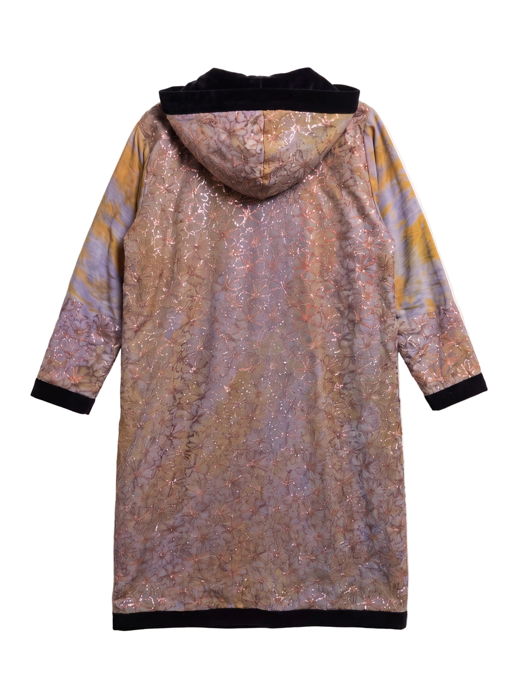 Flatlay backside of the Ritual hooded long sleeves cotton velvet lining with flowers handmade embroidery