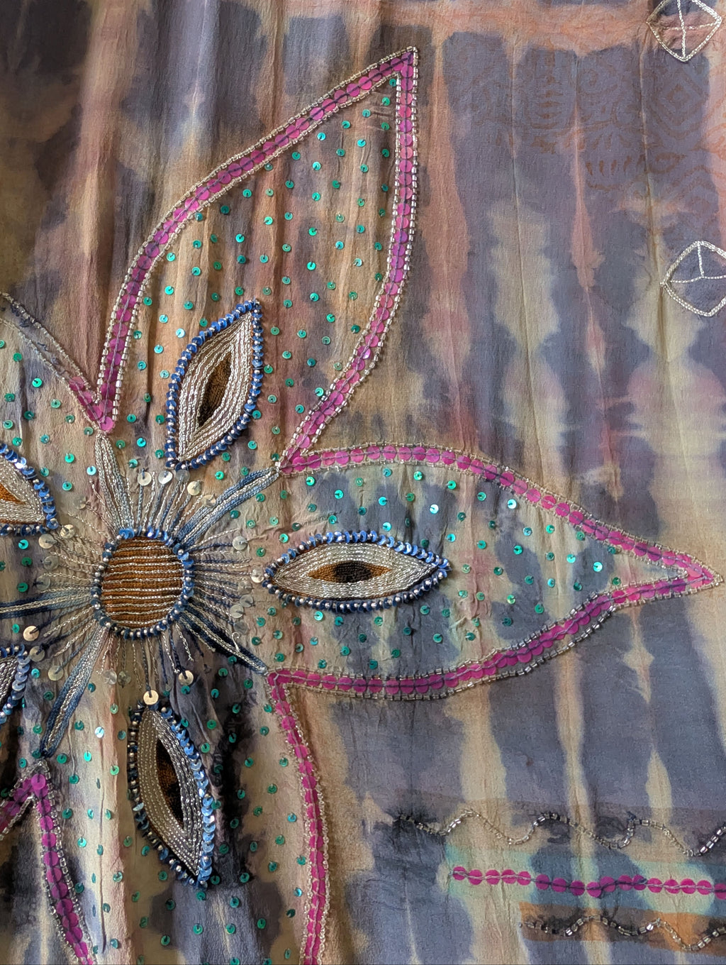 The Ceremonial natural silk tie and dye Lila purple with flower embroidery Yayavara Creation