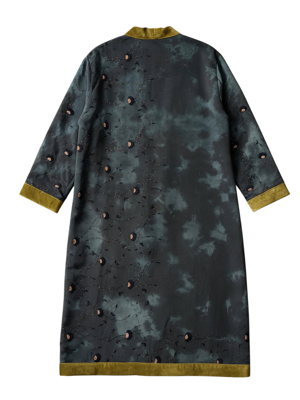 Flatlay Backside The Ceremonial Forest Temple  a long unique kimono coat made from upcycled vintage sari
