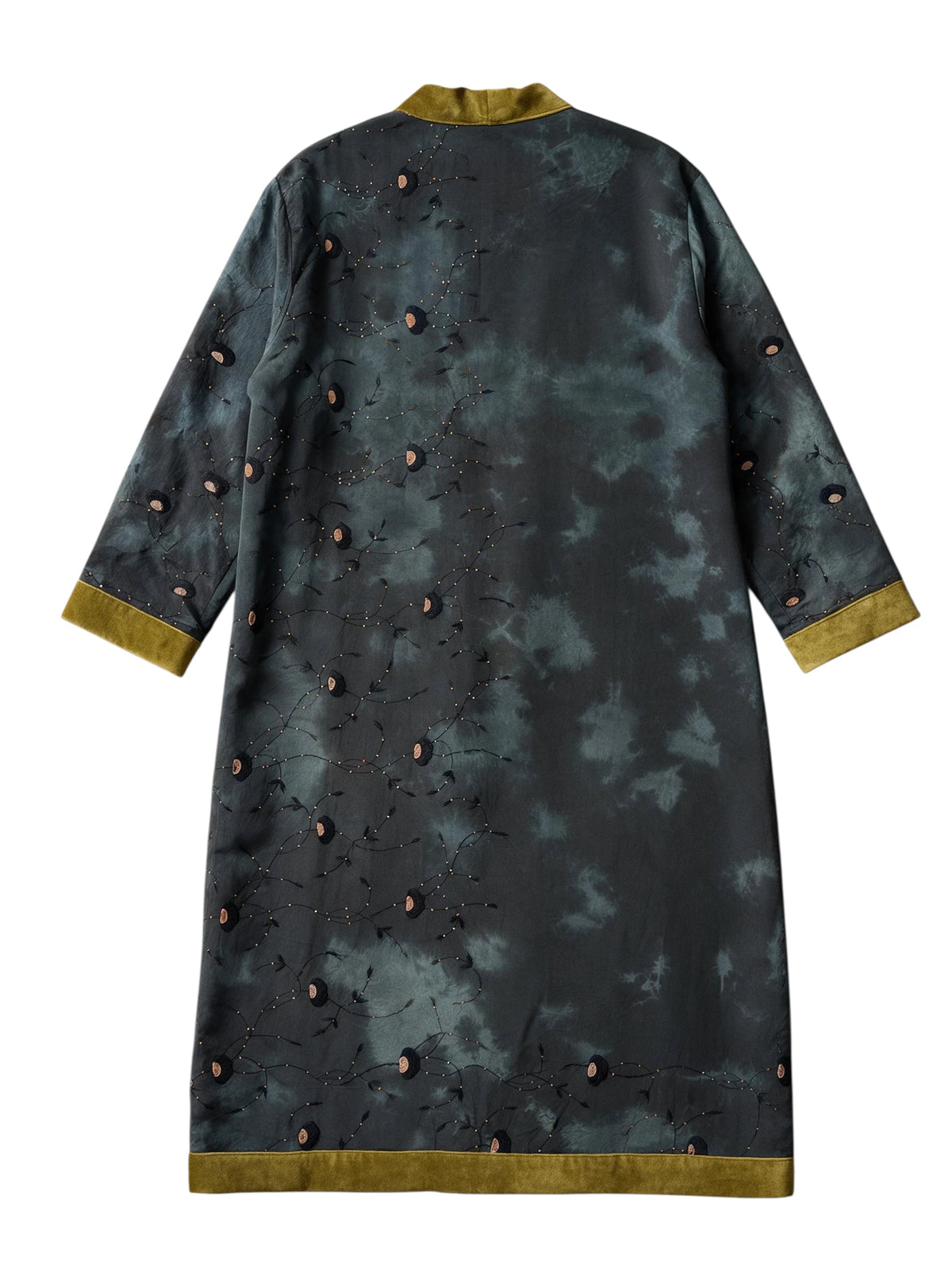 Flatlay Backside The Ceremonial Forest Temple  a long unique kimono coat made from upcycled vintage sari