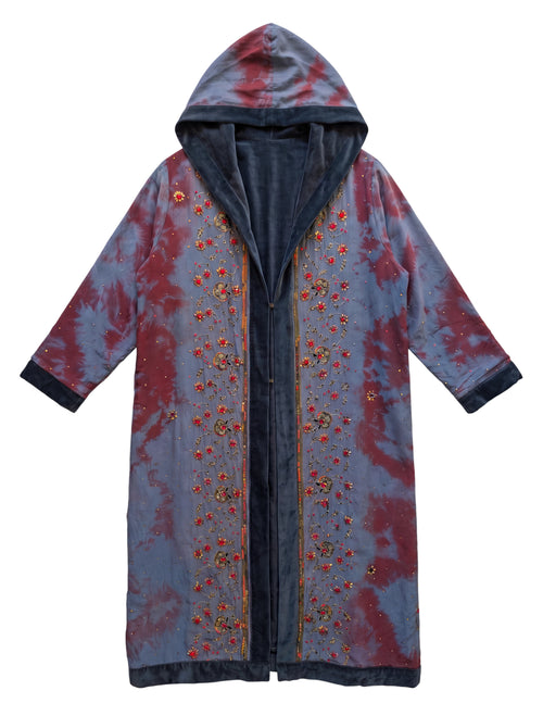 The Ritual The Hidden Temple long coat witha wide hood unisex collection beautiful handmade embroidery flatlay frontside Yayavara Creation