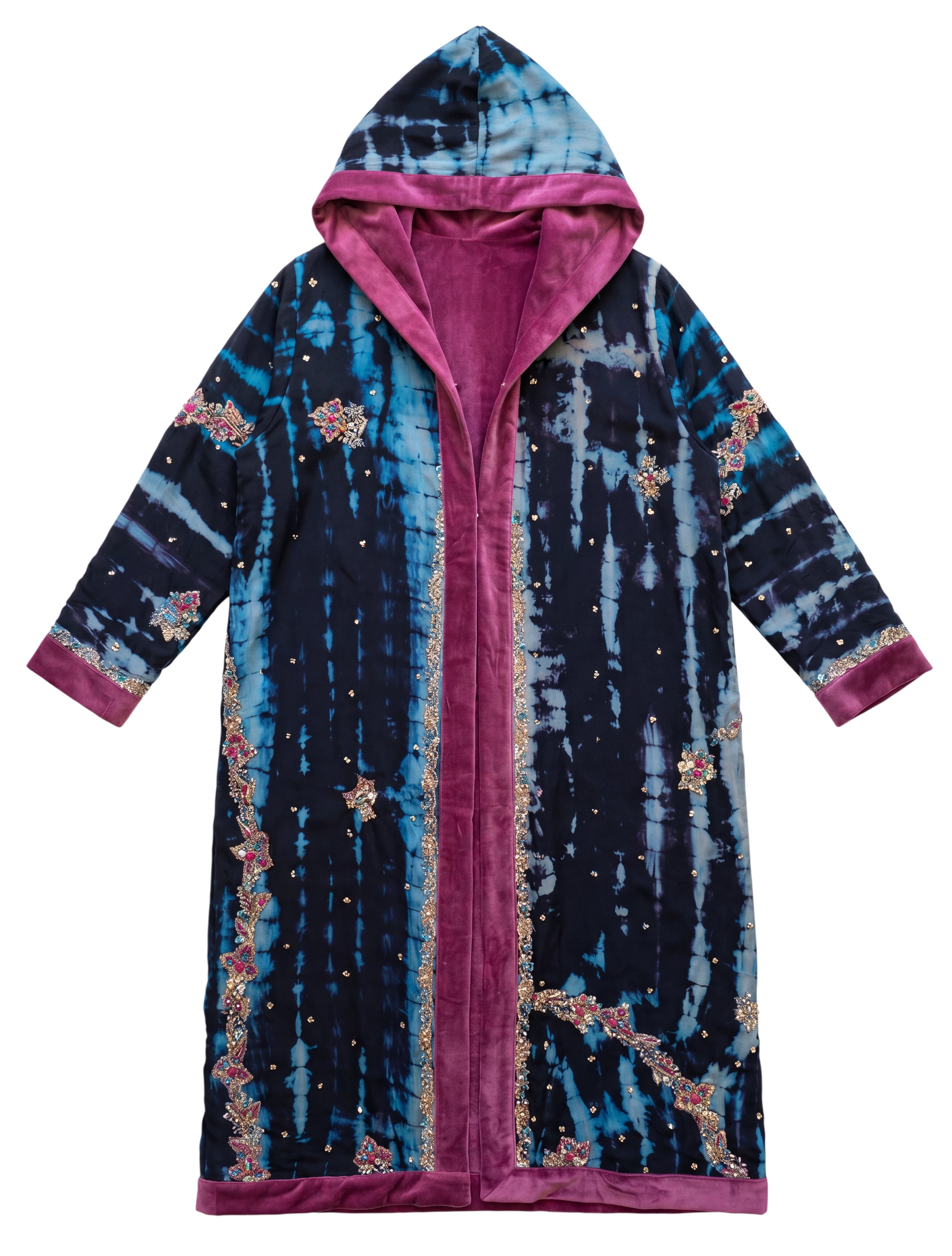 Flatlay The Ritual frontside hooded silk coat handmade embroidery Yayavara Creation