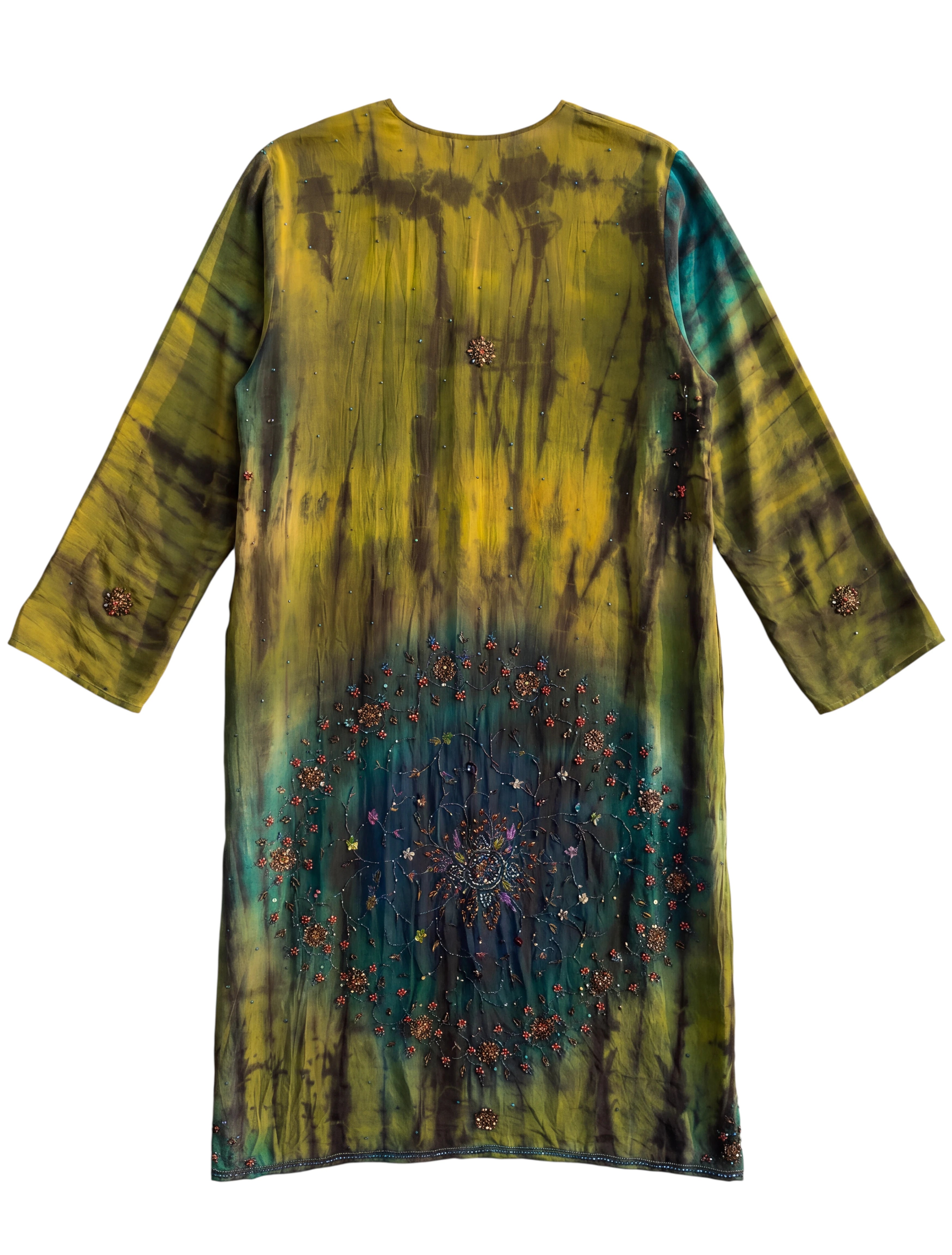 Flatlay backside Morning Muse natural silk tie and dye with handmade embroidery