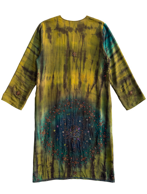 Flatlay backside Morning Muse natural silk tie and dye with handmade embroidery