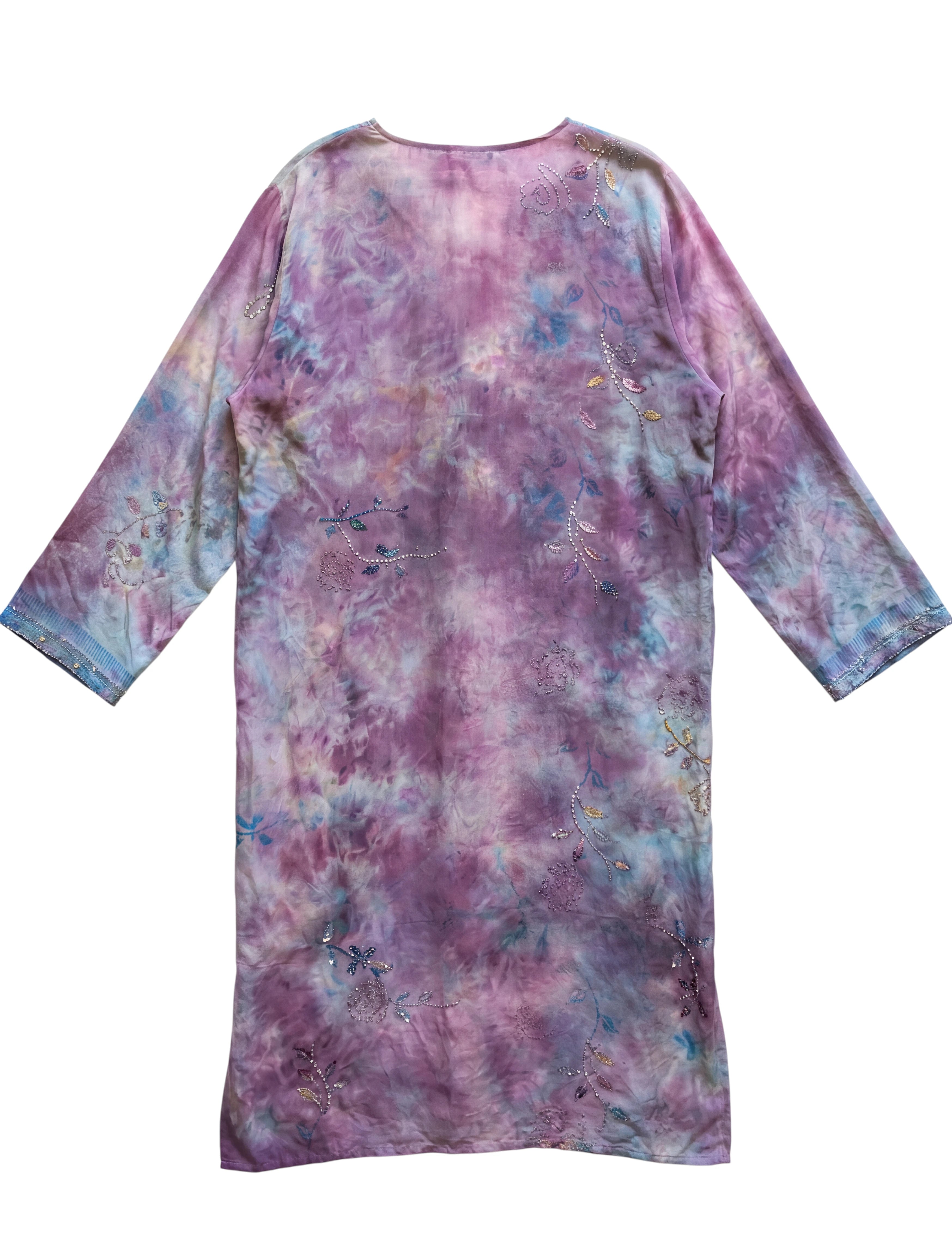 Flatlay backside The Eternal Open Palm long sleeves long silk kimono jacket purple tie and dye and handmade embroidery Yayavara Creation