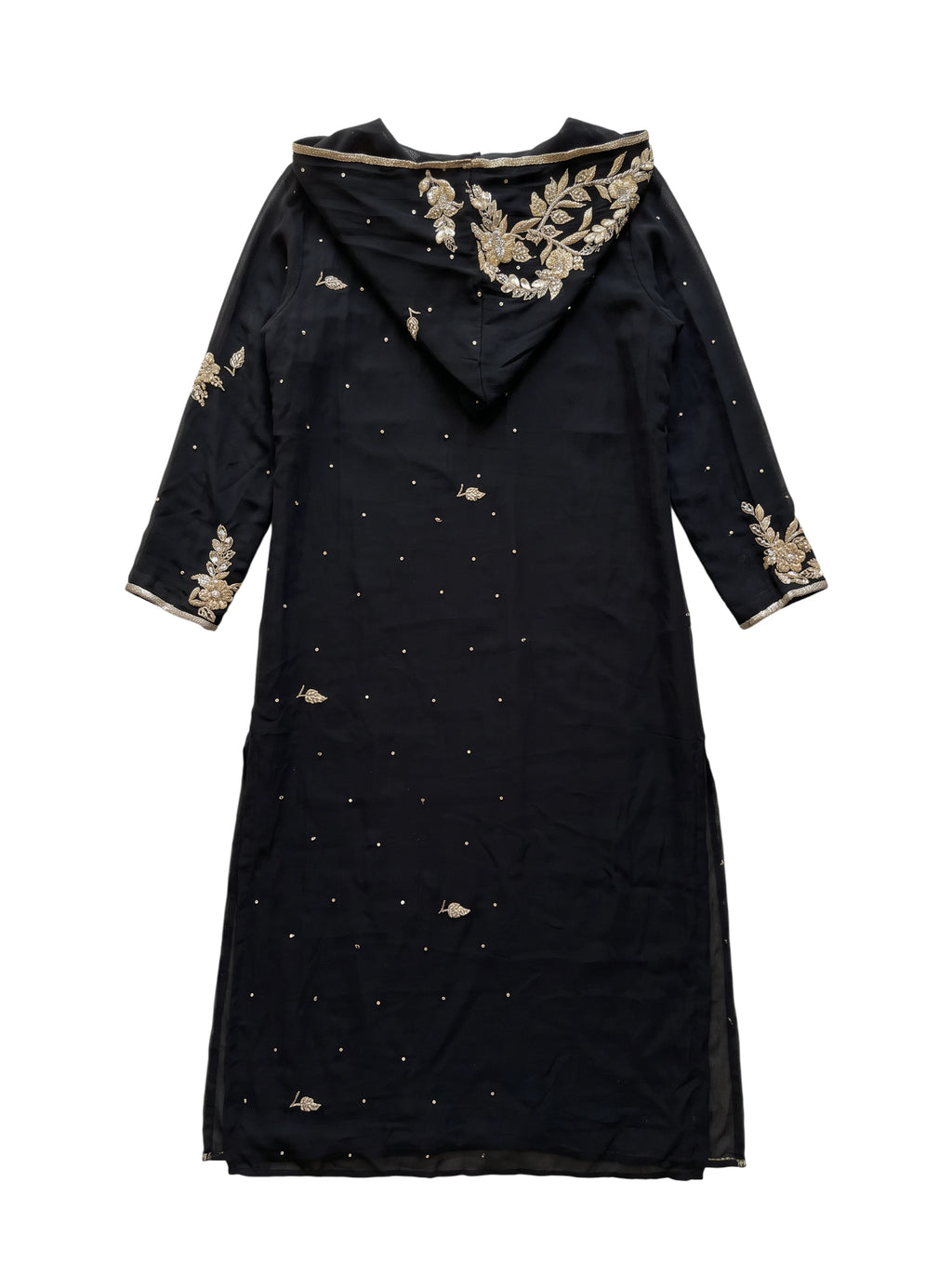 Flatlay backside natural balck gold and silver silk jacket with embroidery unique piece of garment Yayavara Creation