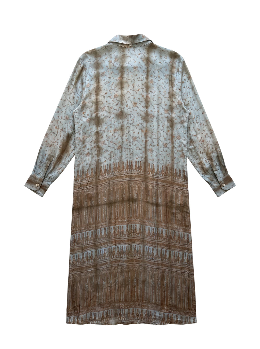 Flatlay frontside natural green grey silk dress with embroidery unique piece of garment Yayavara Creation