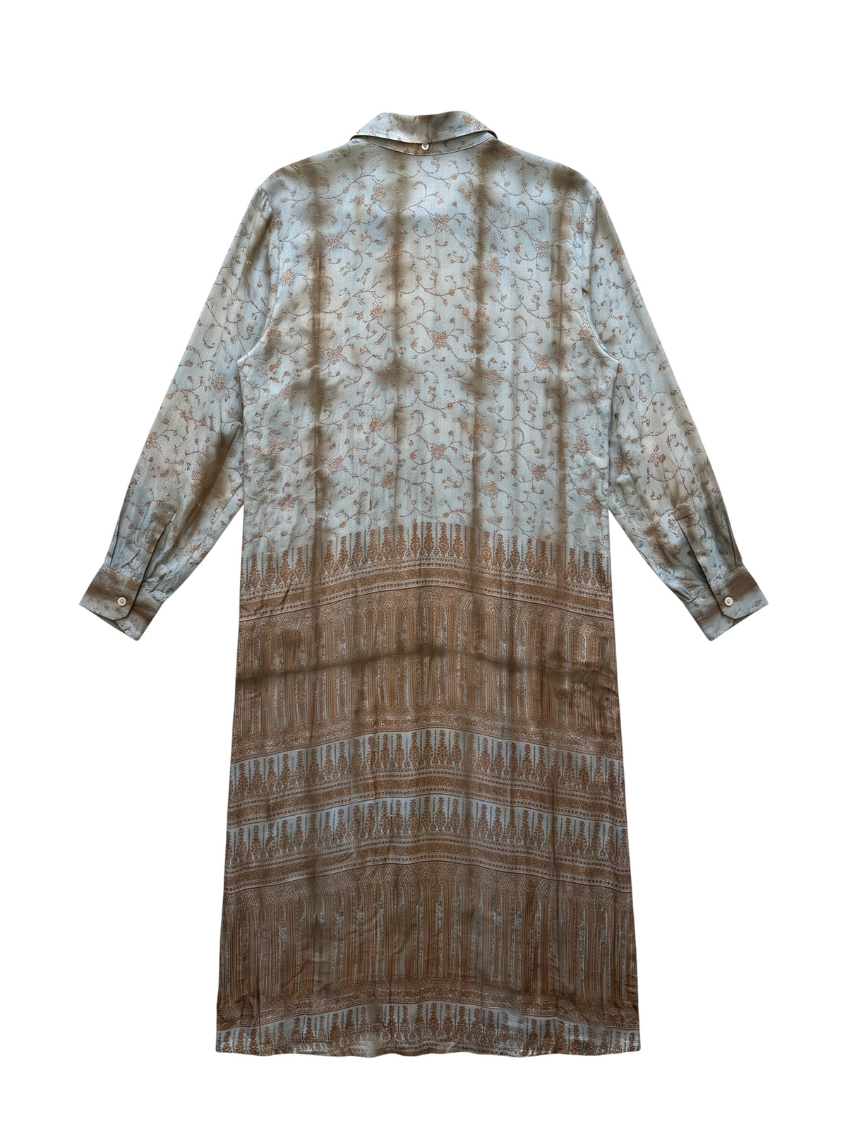 Flatlay frontside natural green grey silk dress with embroidery unique piece of garment Yayavara Creation