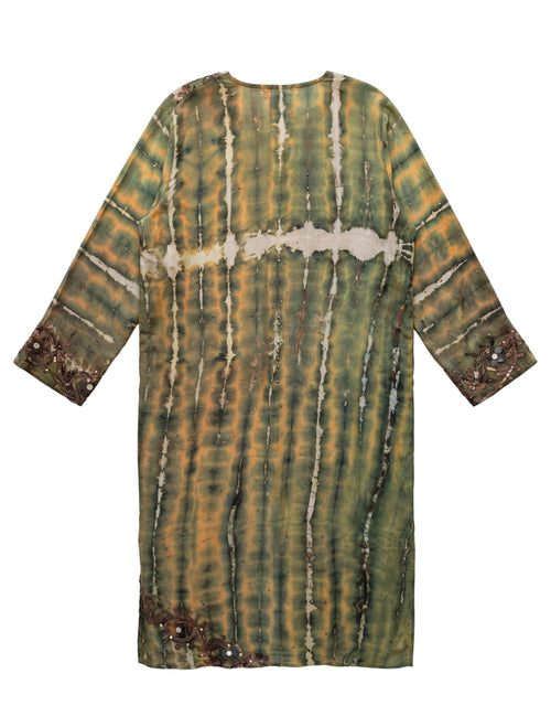 Flatlay backside side long sleeves silk kimono khaki green tie and dye with flowers embroideries