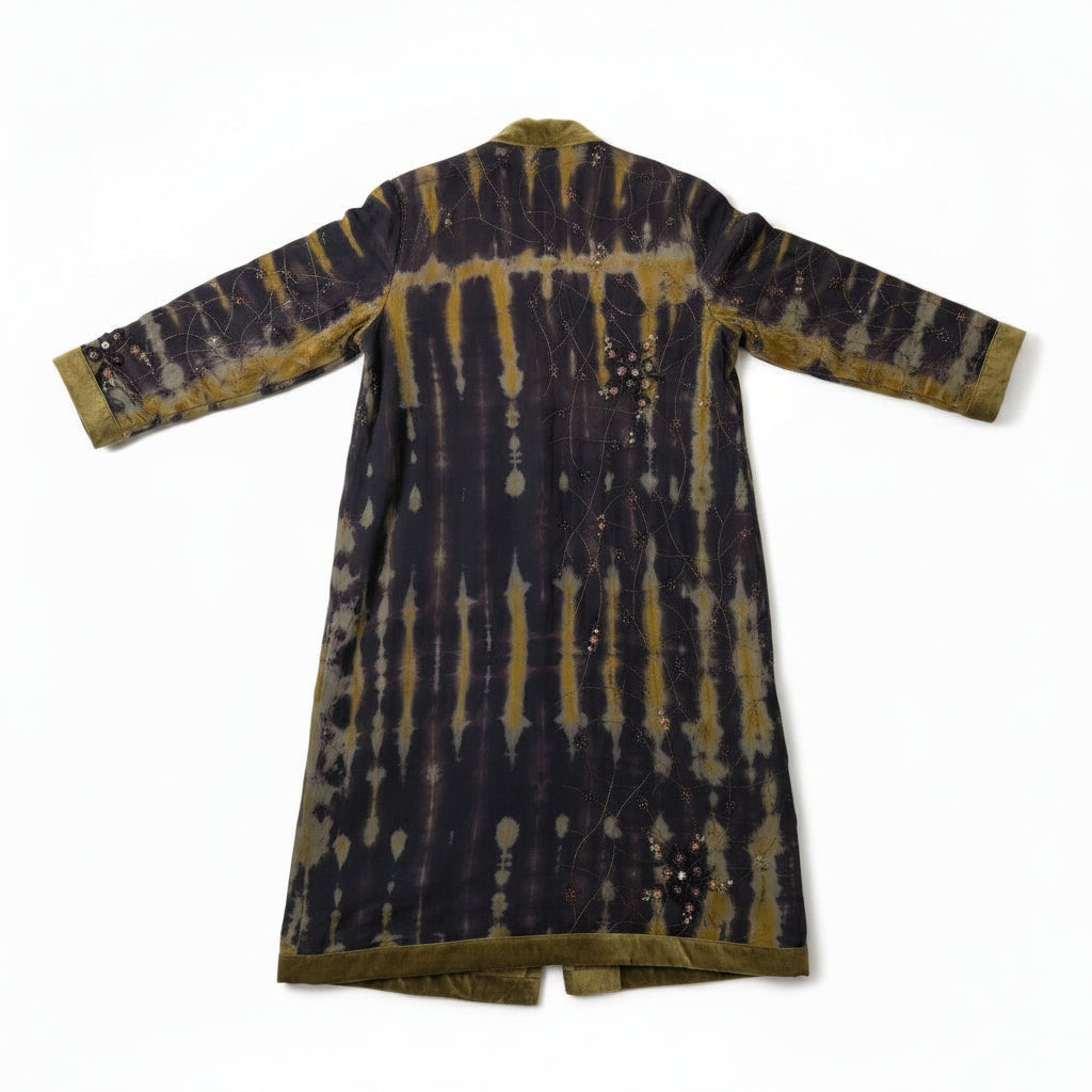 Flatlay backside The Ceremonial Sanctum handmade embroidery and cotton velvet khaki green lining