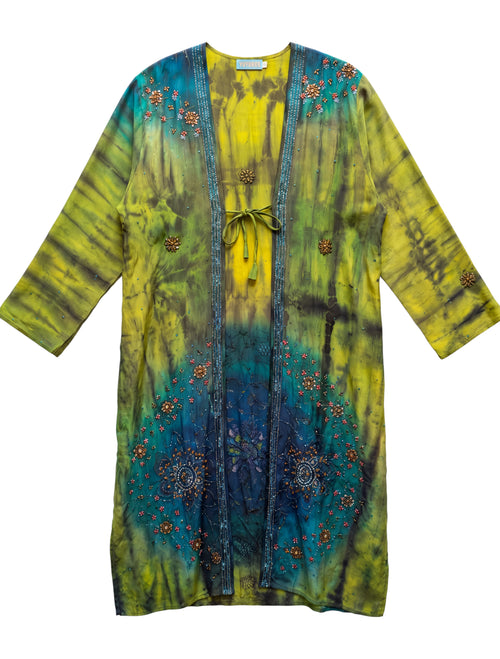 Flatlay frontside Morning Muse natural silk tie and dye with handmade embroidery