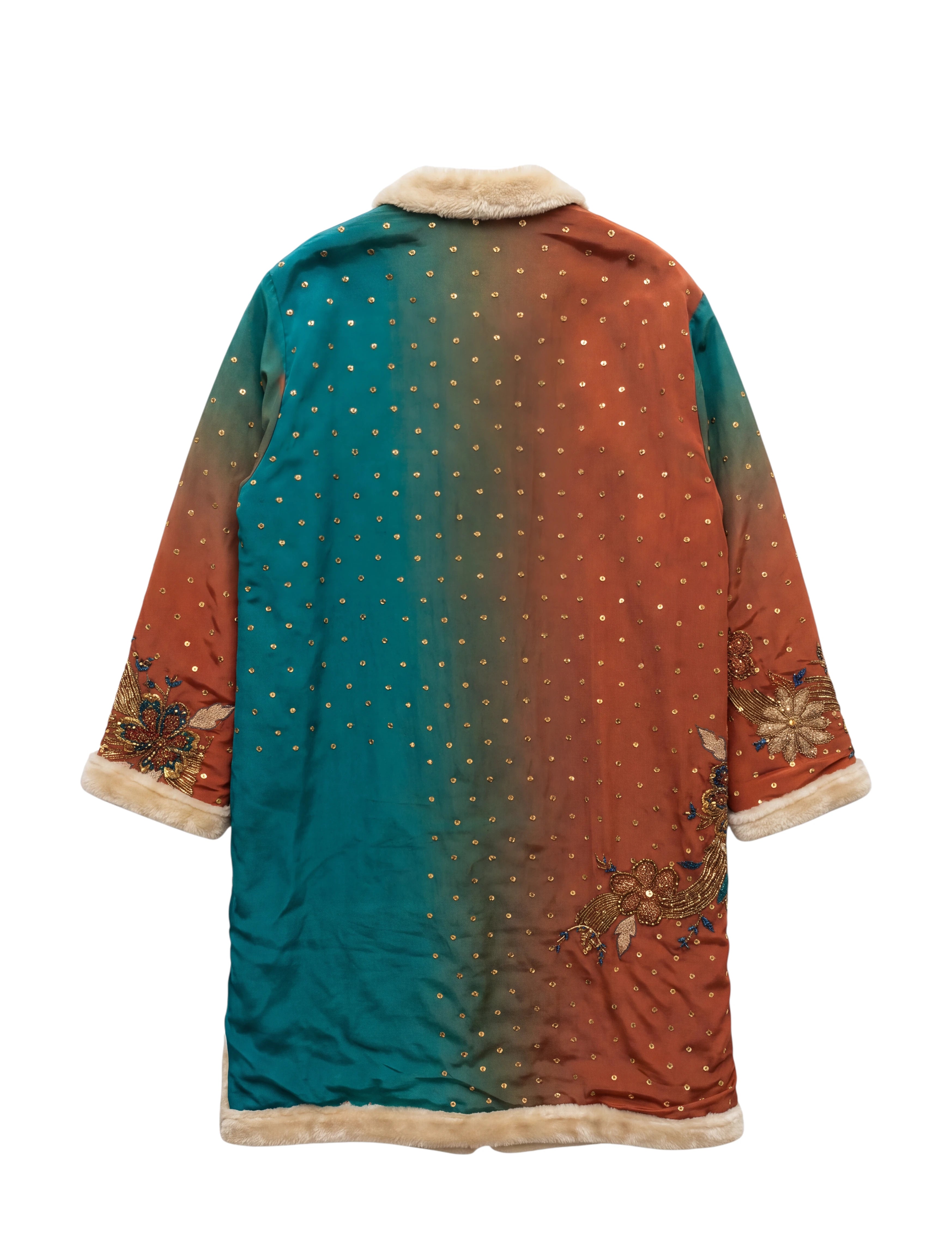 Flatlay backside The Magical Coat fake fur lining and natural silk handmade embroidered outside one of a kind piece of garment Yayavara Creation