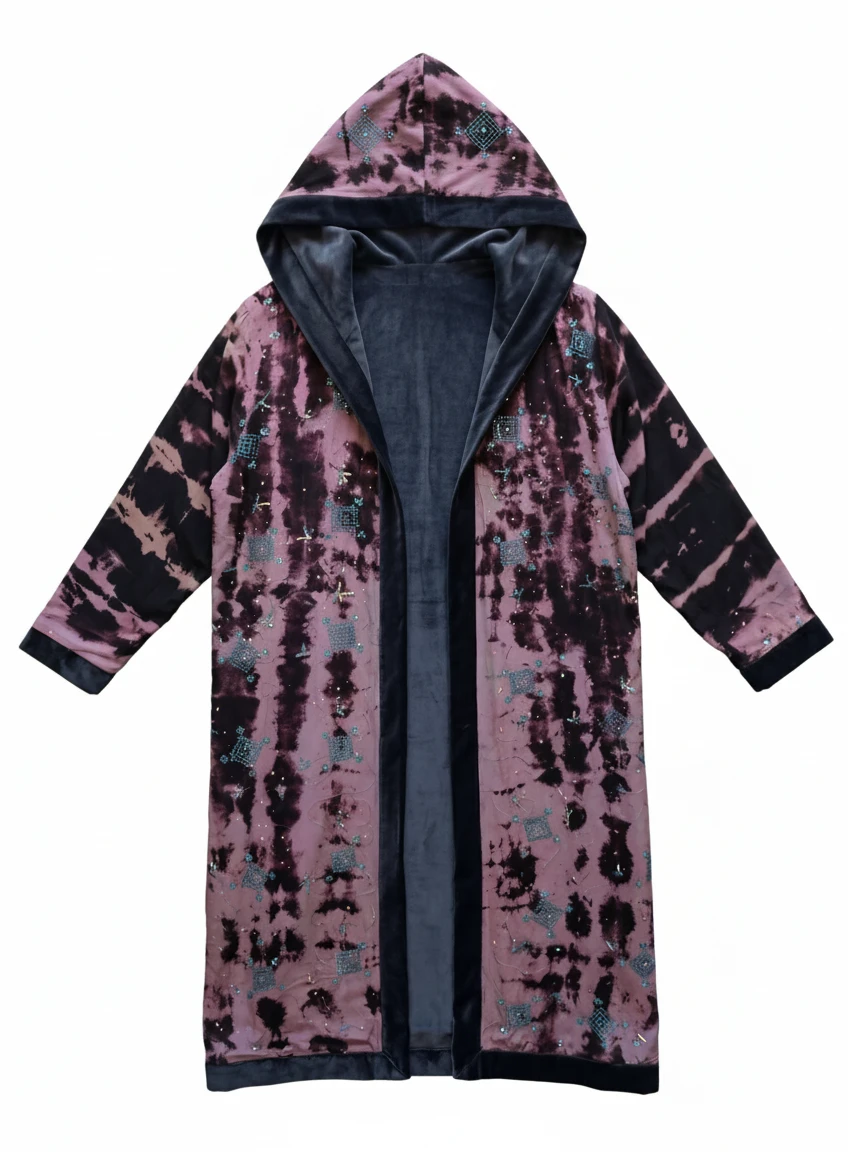 The Ritual The Veil flatlay frontside hooded long sleeves coat with velvet lining unique garment consciously made Yayavara Creation