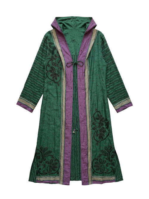 Flatlay frontside natural green and violet pearls silk jacket with embroidery unique piece of garment Yayavara Creation