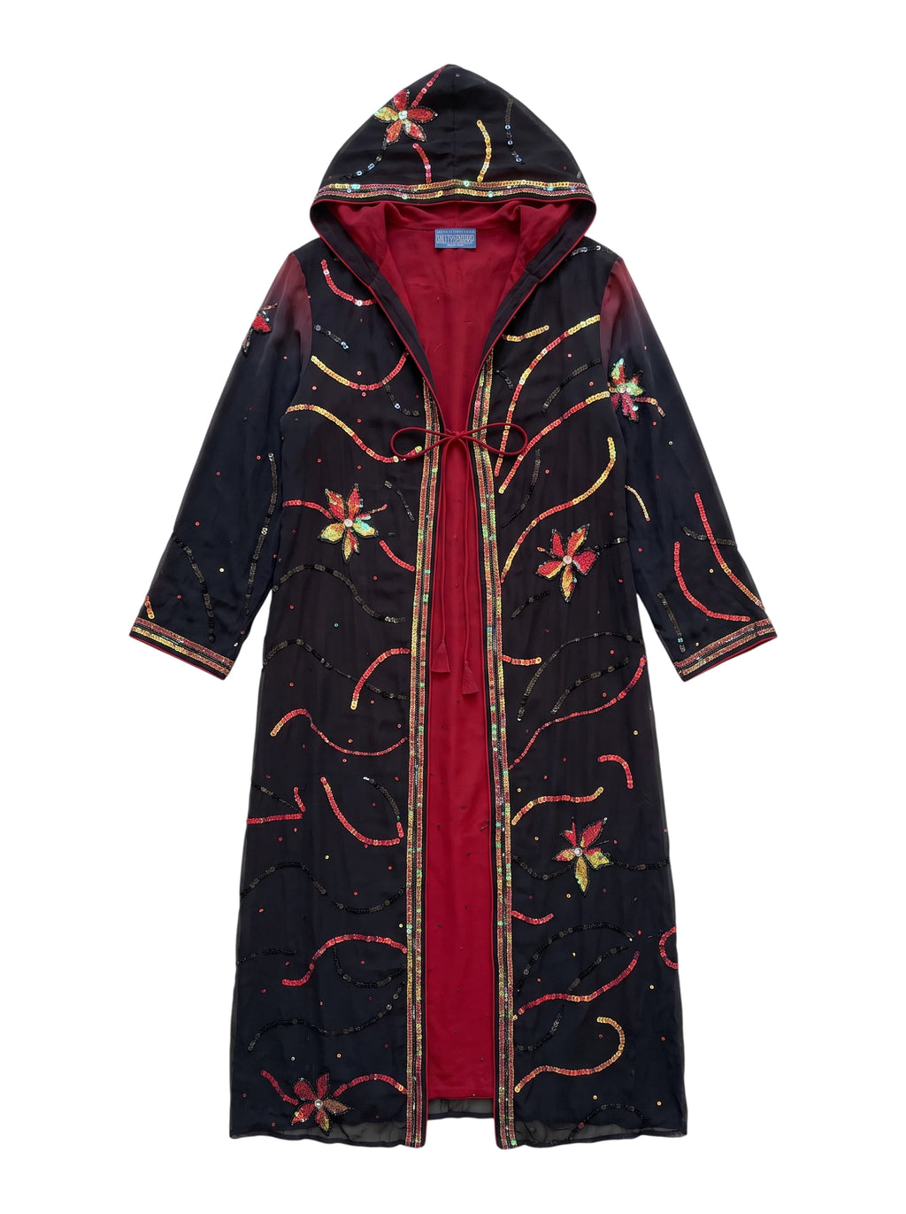 Flatlay frontside natural red and black silk jacket with embroidery unique piece of garment Yayavara Creation
