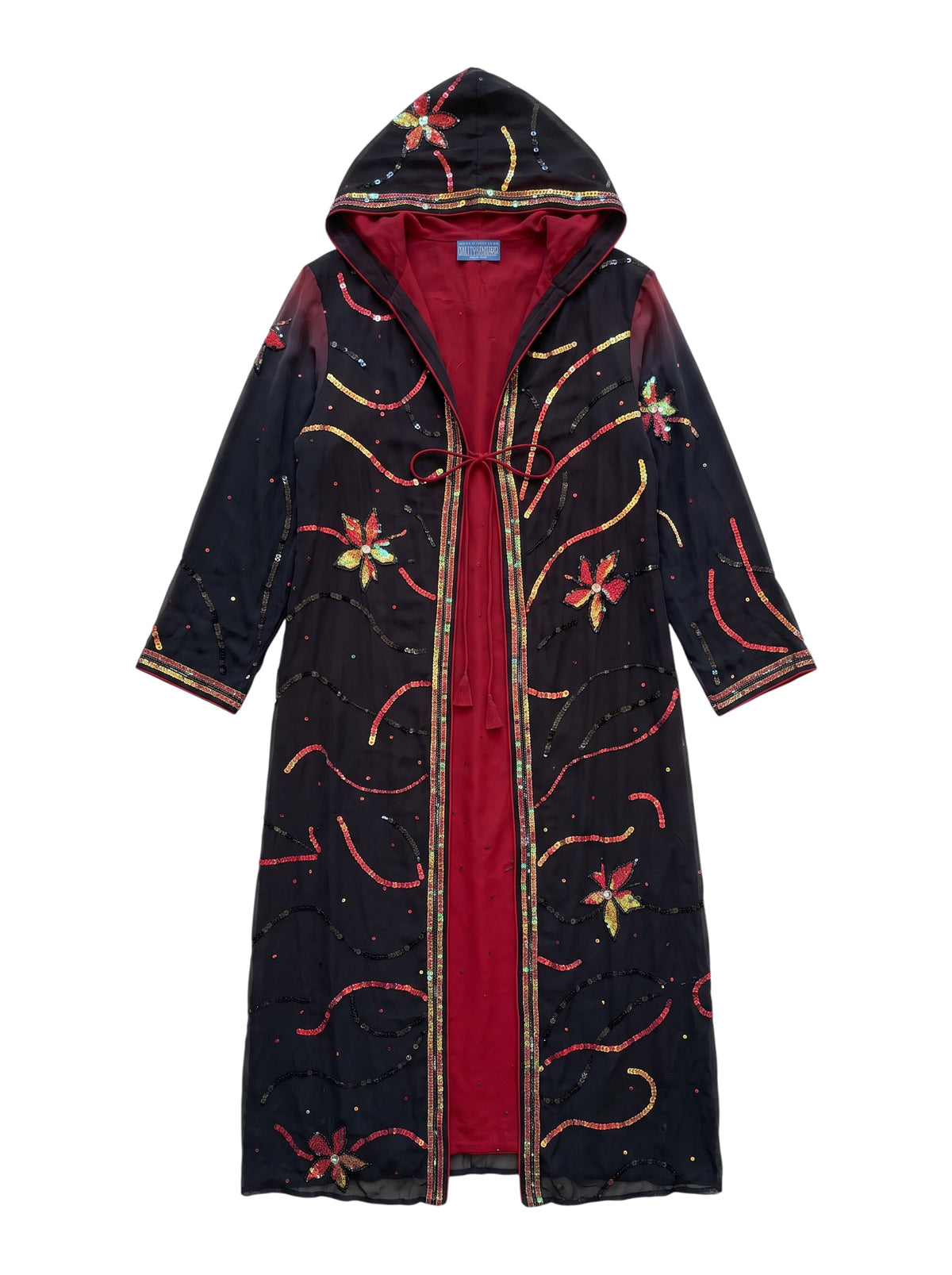 Flatlay frontside natural red and black silk jacket with embroidery unique piece of garment Yayavara Creation