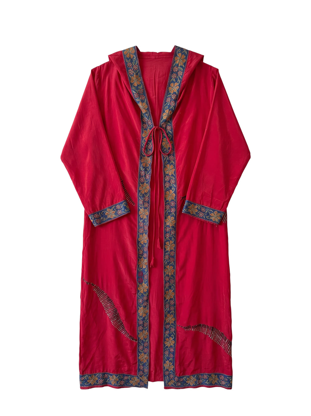 Flatlay frontside natural red silk jacket with embroidery unique piece of garment Yayavara Creation