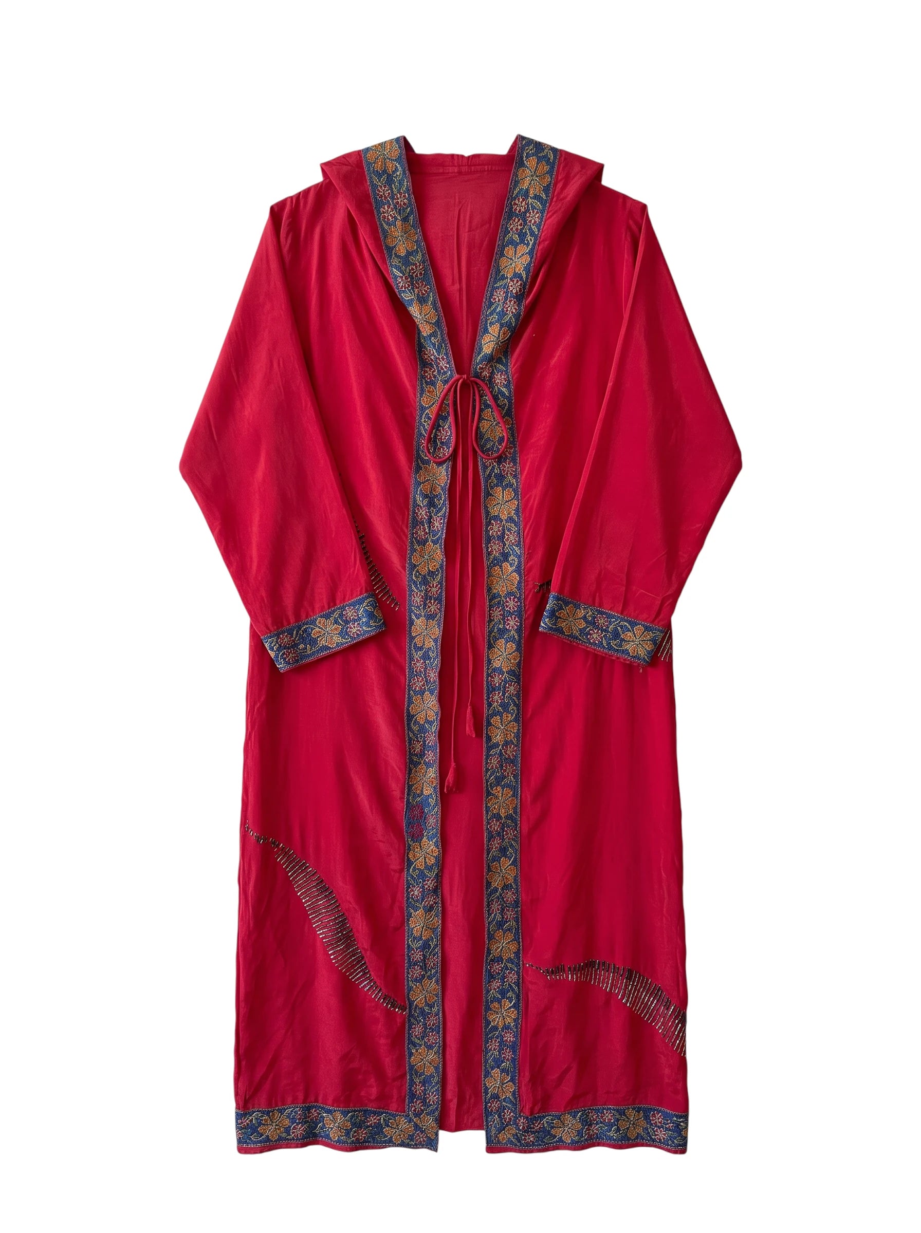 Flatlay frontside natural red silk jacket with embroidery unique piece of garment Yayavara Creation