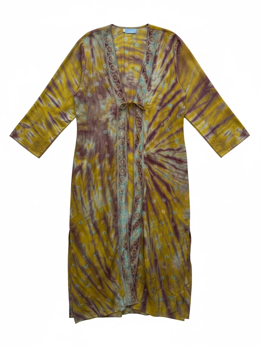 Flatlay frontside natural silk long jacket with embroidery unique piece of garment Yayavara Creation