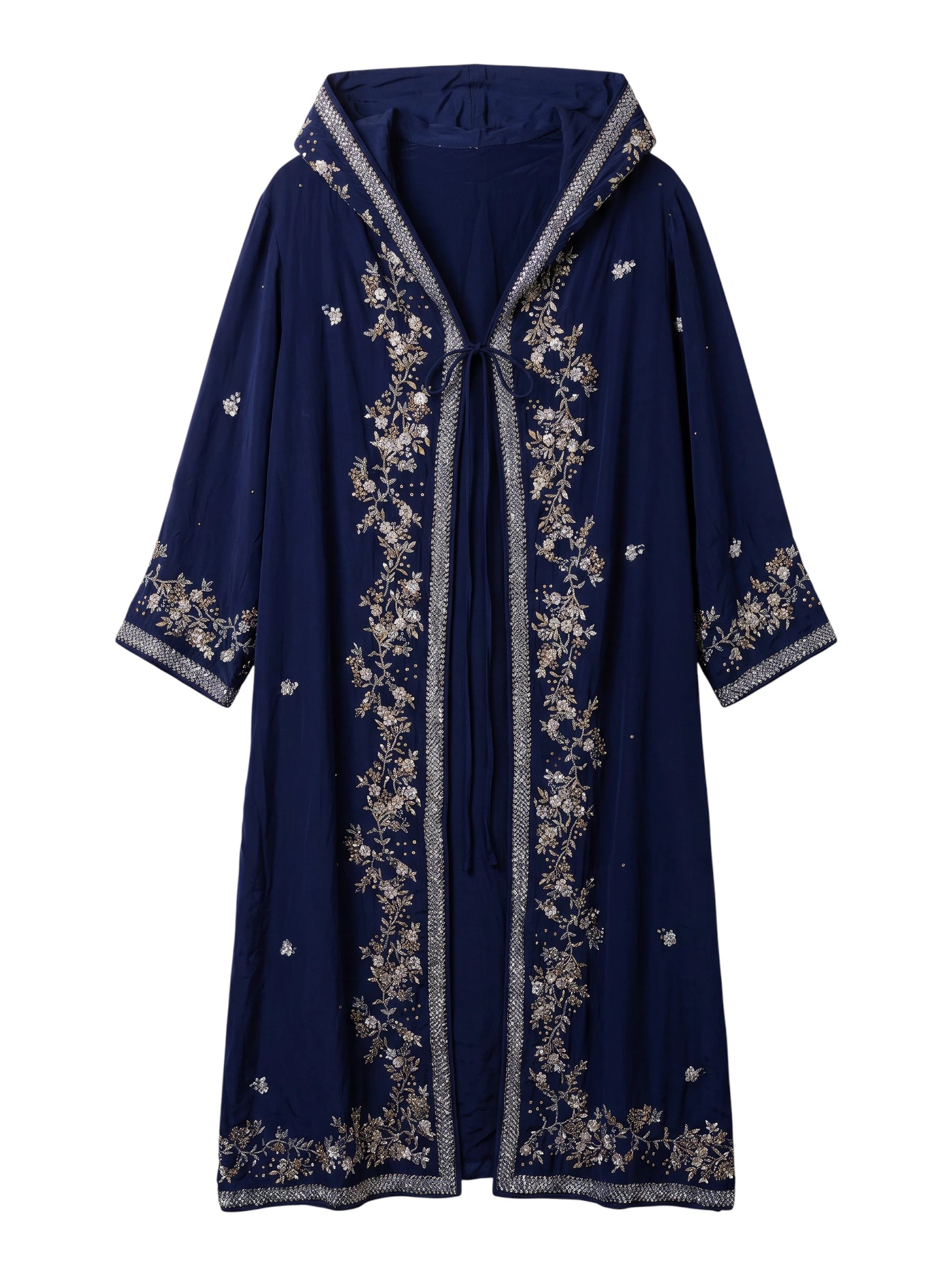 Flatlay frontside night blue natural silk jacket with embroidery unique piece of garment Yayavara Creation
