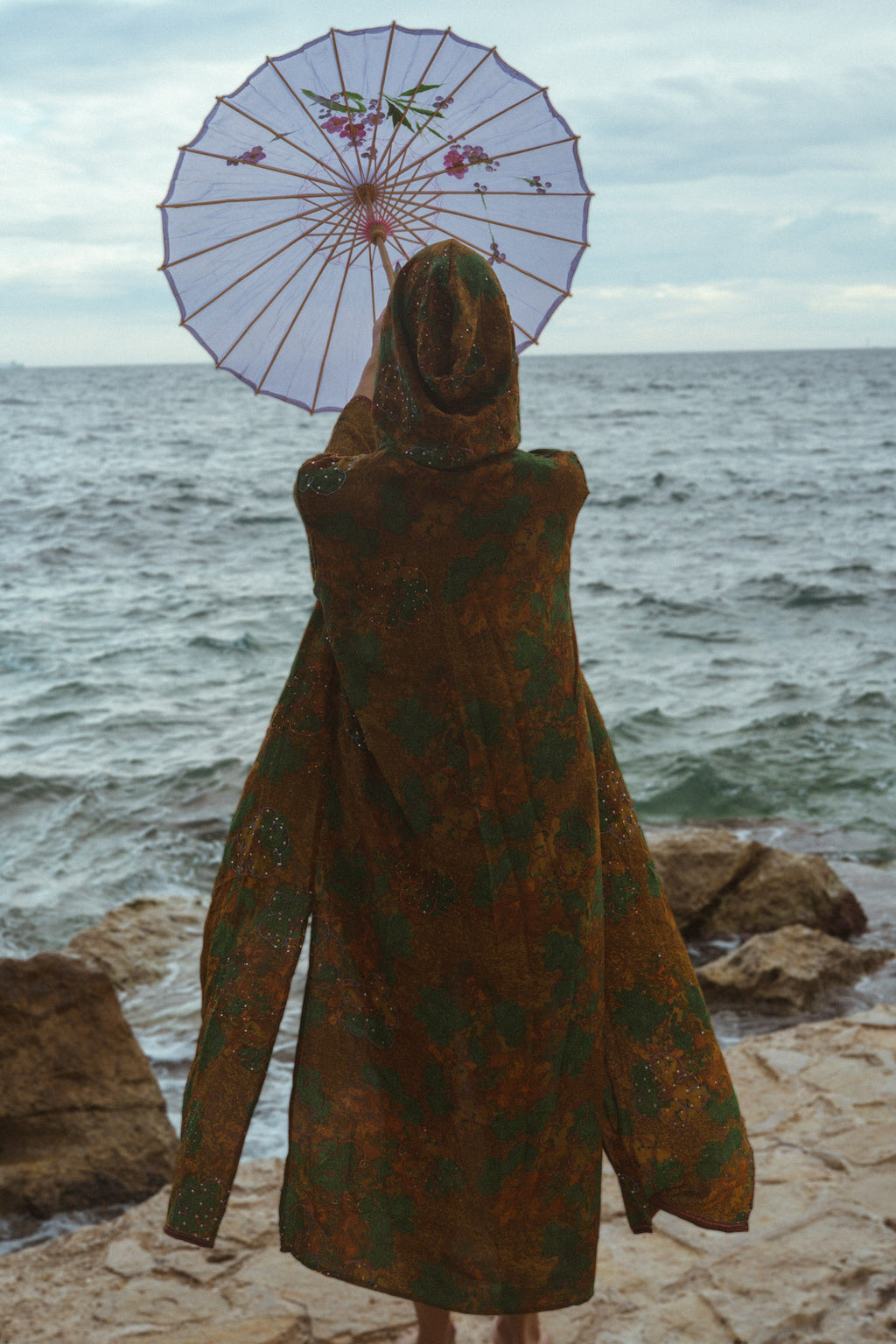 Forest enchantress upcycled silk hooded kimono jacket