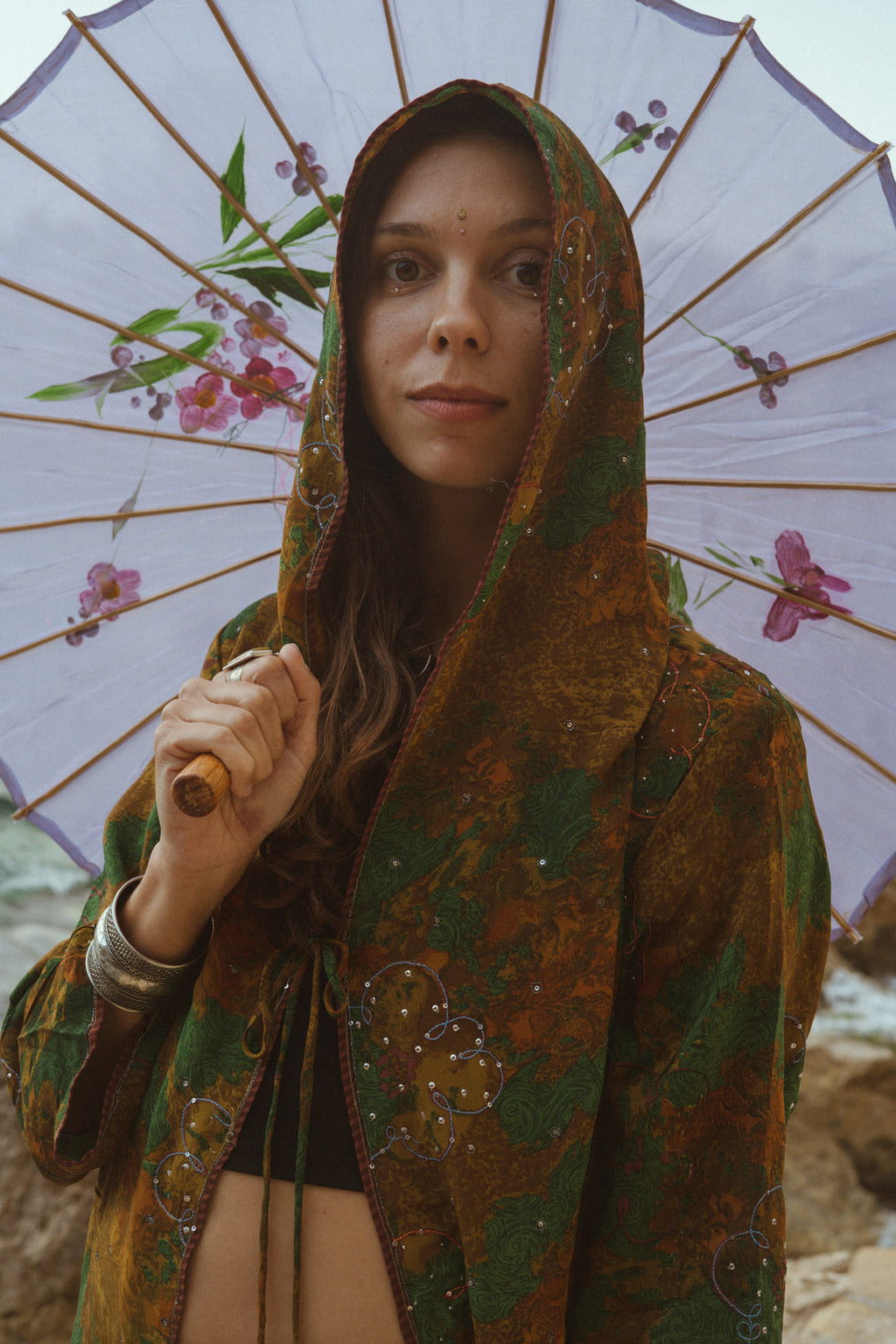 Forest enchantress upcycled silk hooded kimono jacket