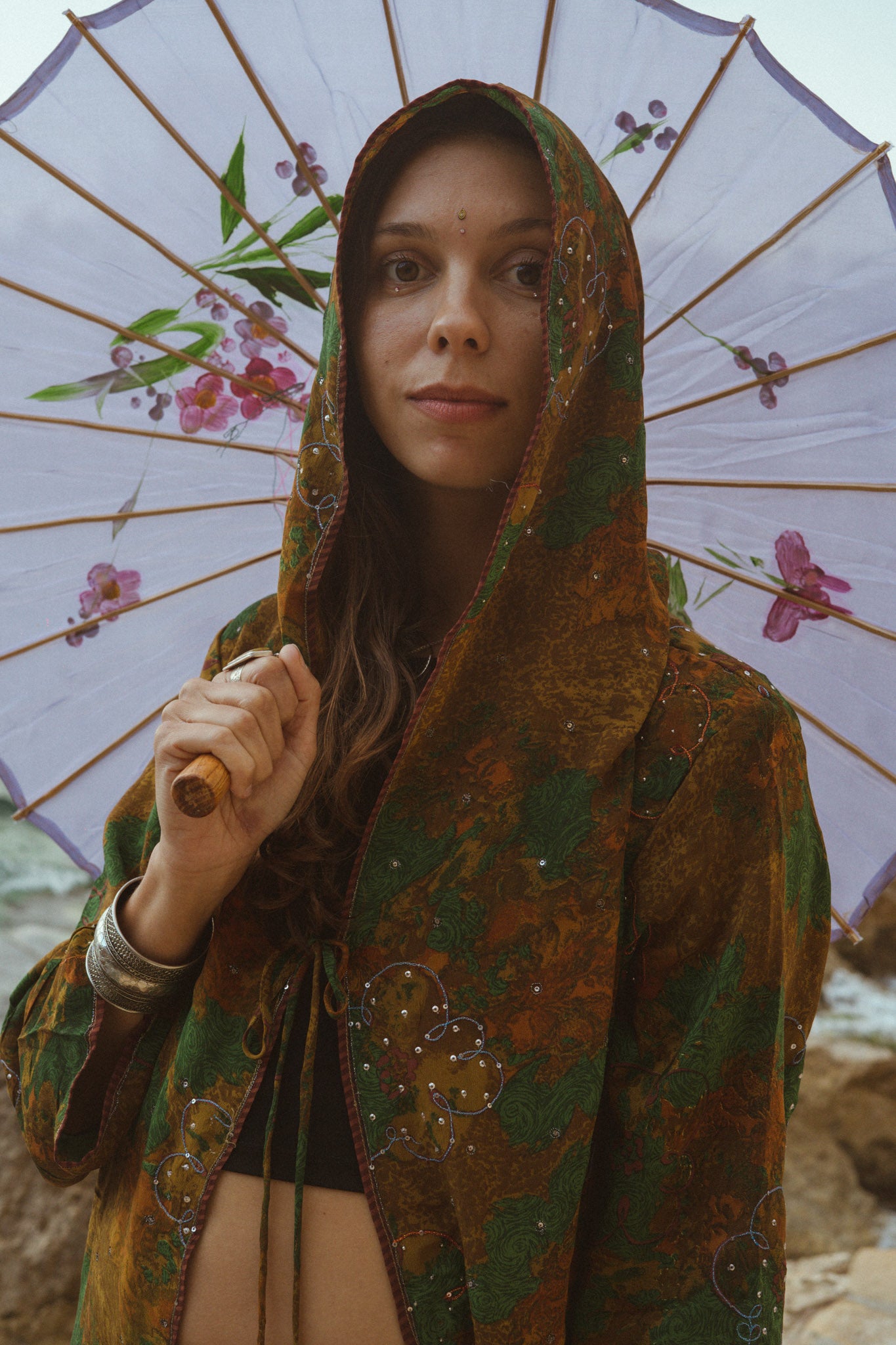 Forest enchantress upcycled silk hooded kimono jacket