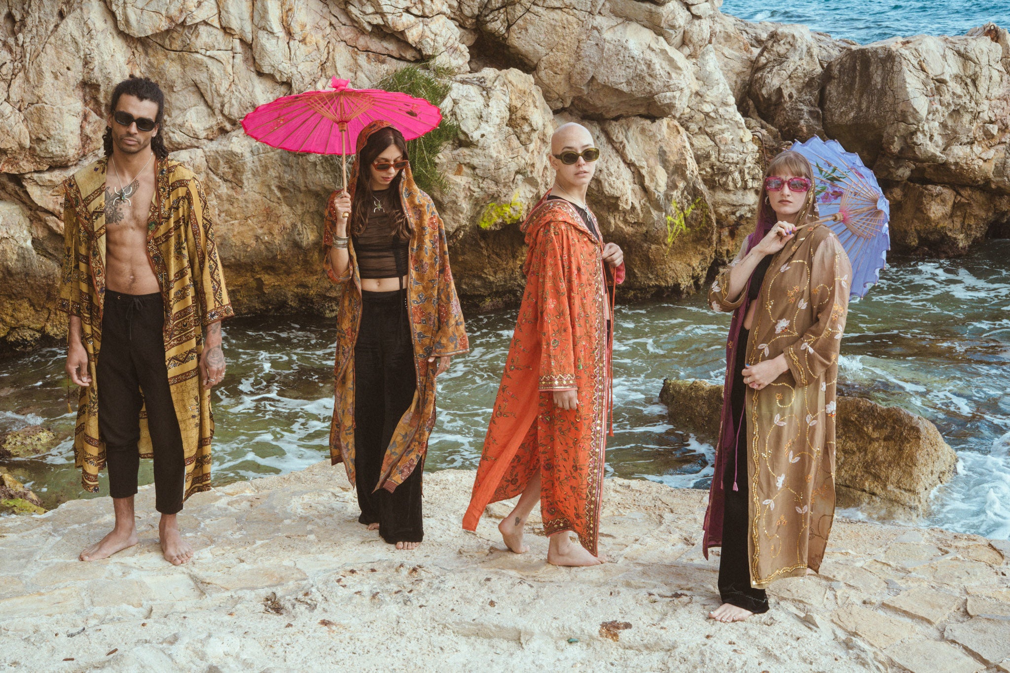 Group of people wearing hooded silk jacket upcycled saris