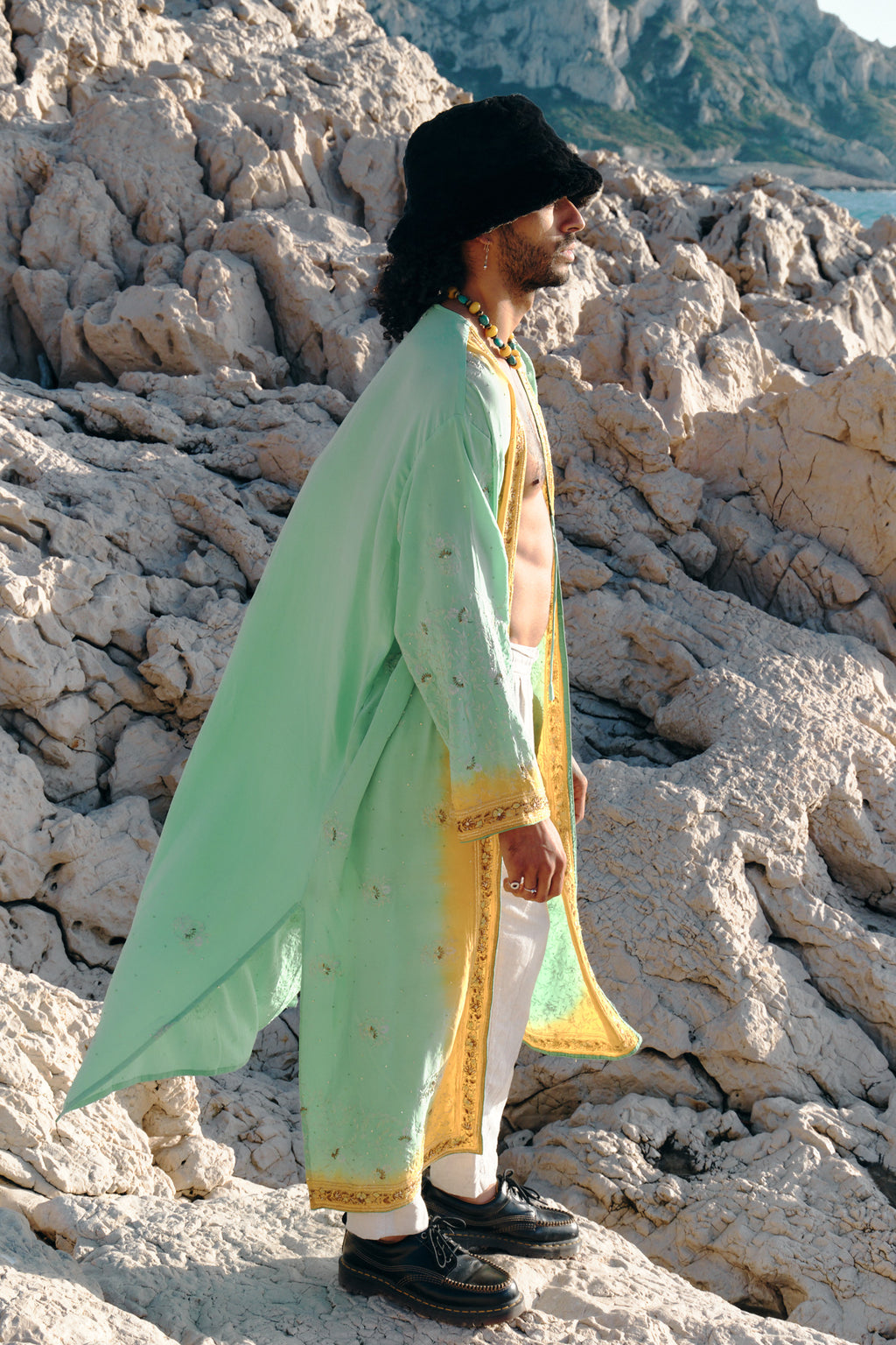 Long fluid kimono yellow and green in silk