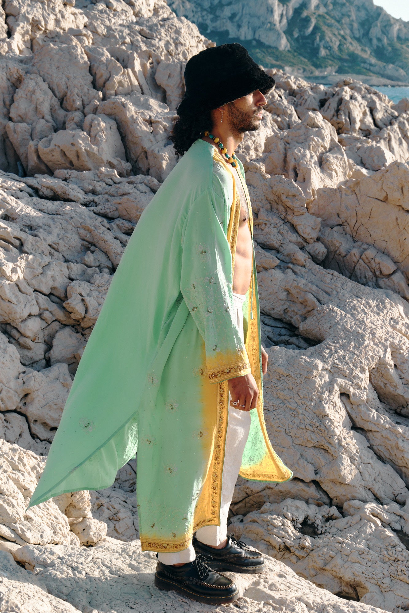 Long fluid kimono yellow and green in silk