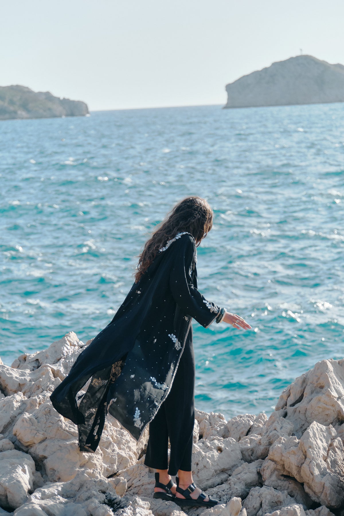 Midnight Lotus one-of-a-kind hooded kimono in vintage natural silk, handcrafted in India — Yayavara Creation