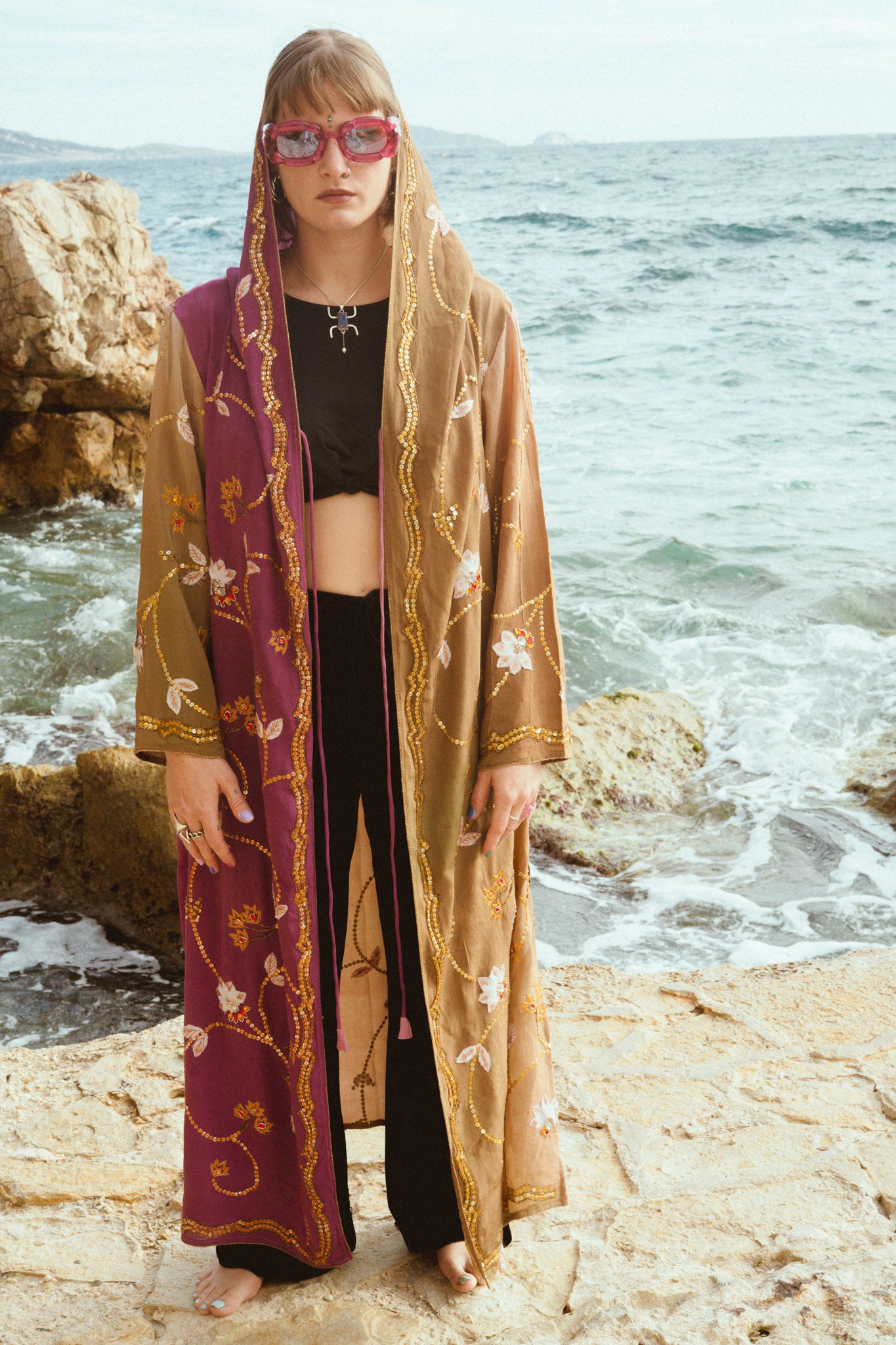 Mystic flower hooded silk jacket embroidery