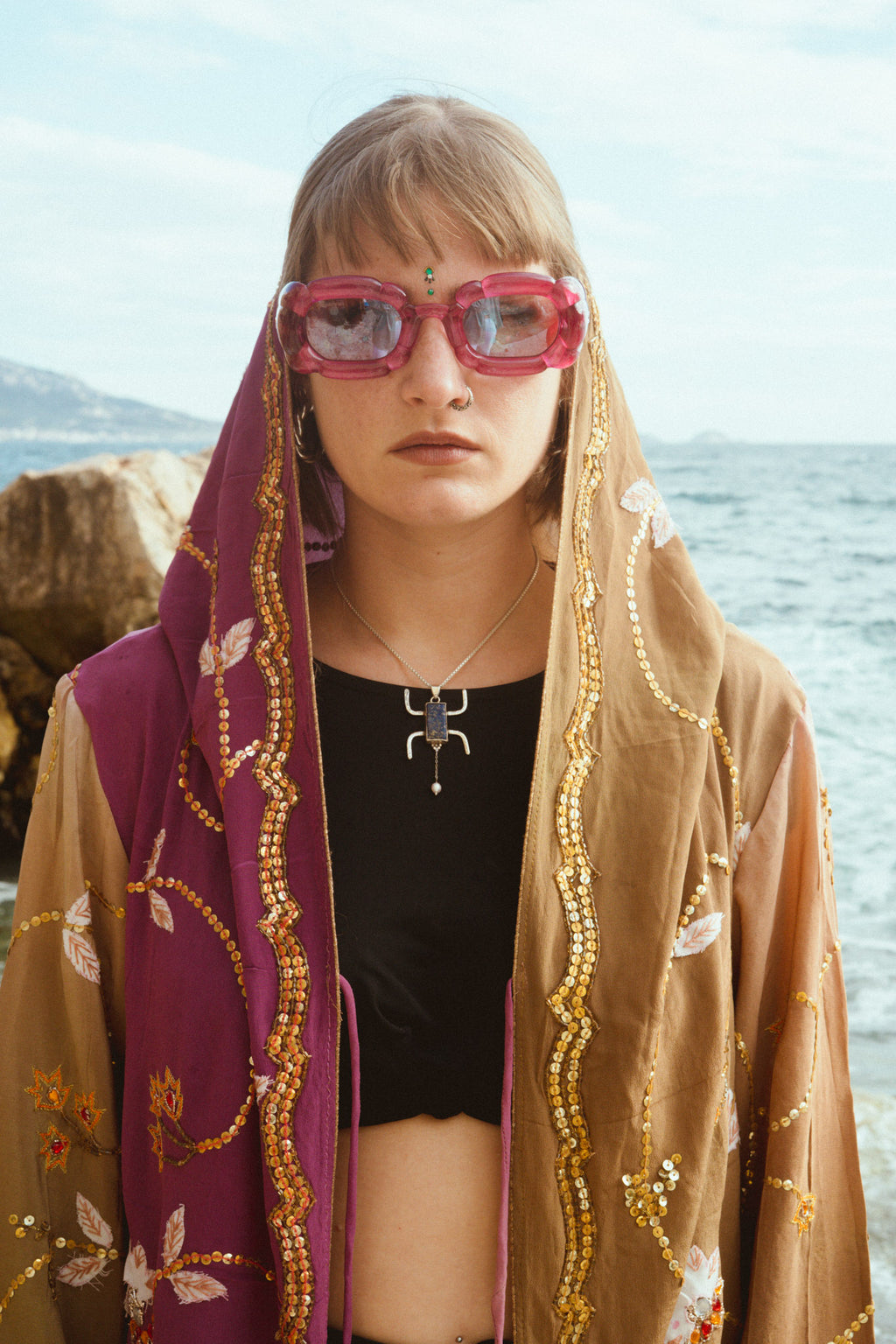 Mystic flower hooded upcycled silk jacket embroidery