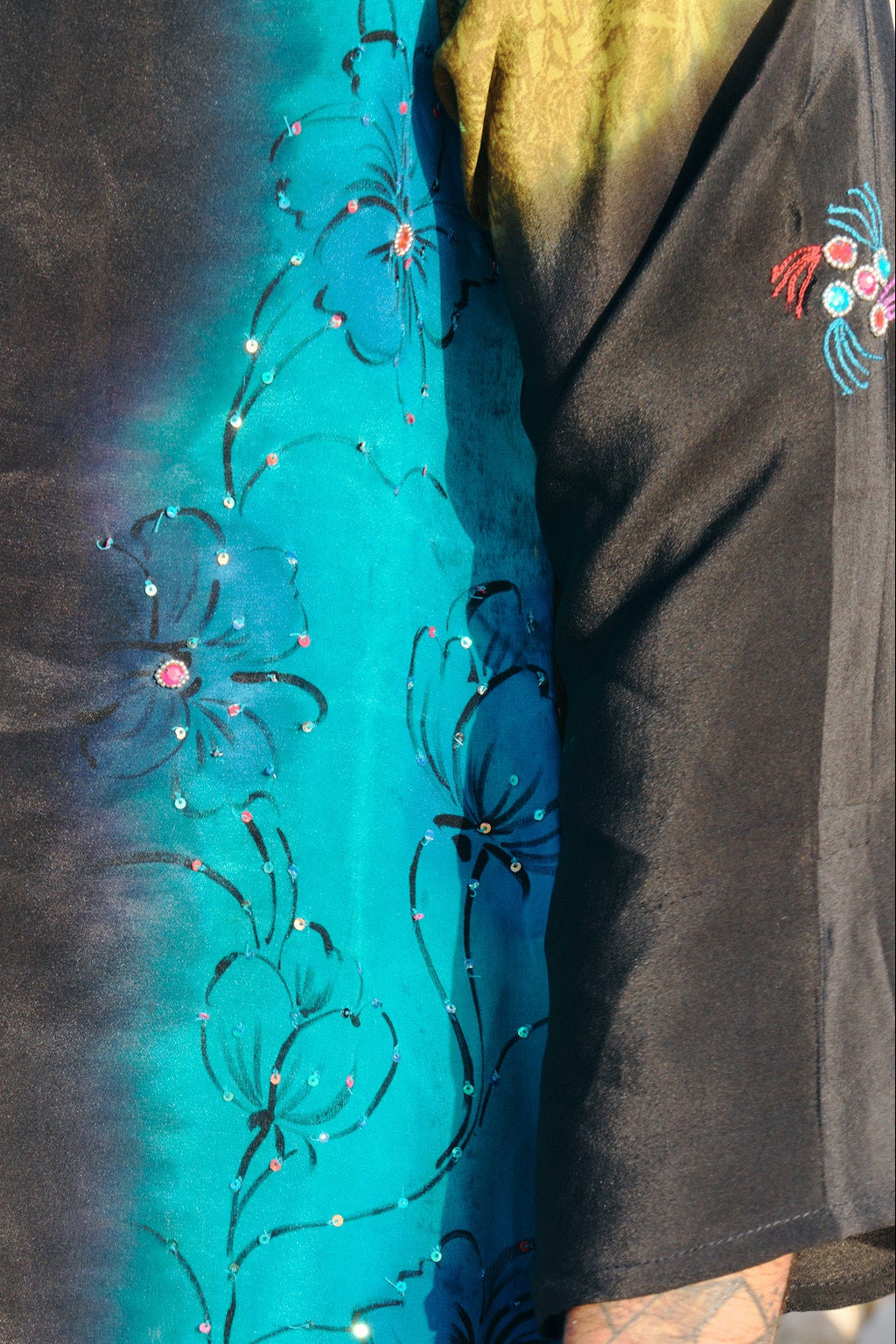 Mustard turquoise and black silk kimono