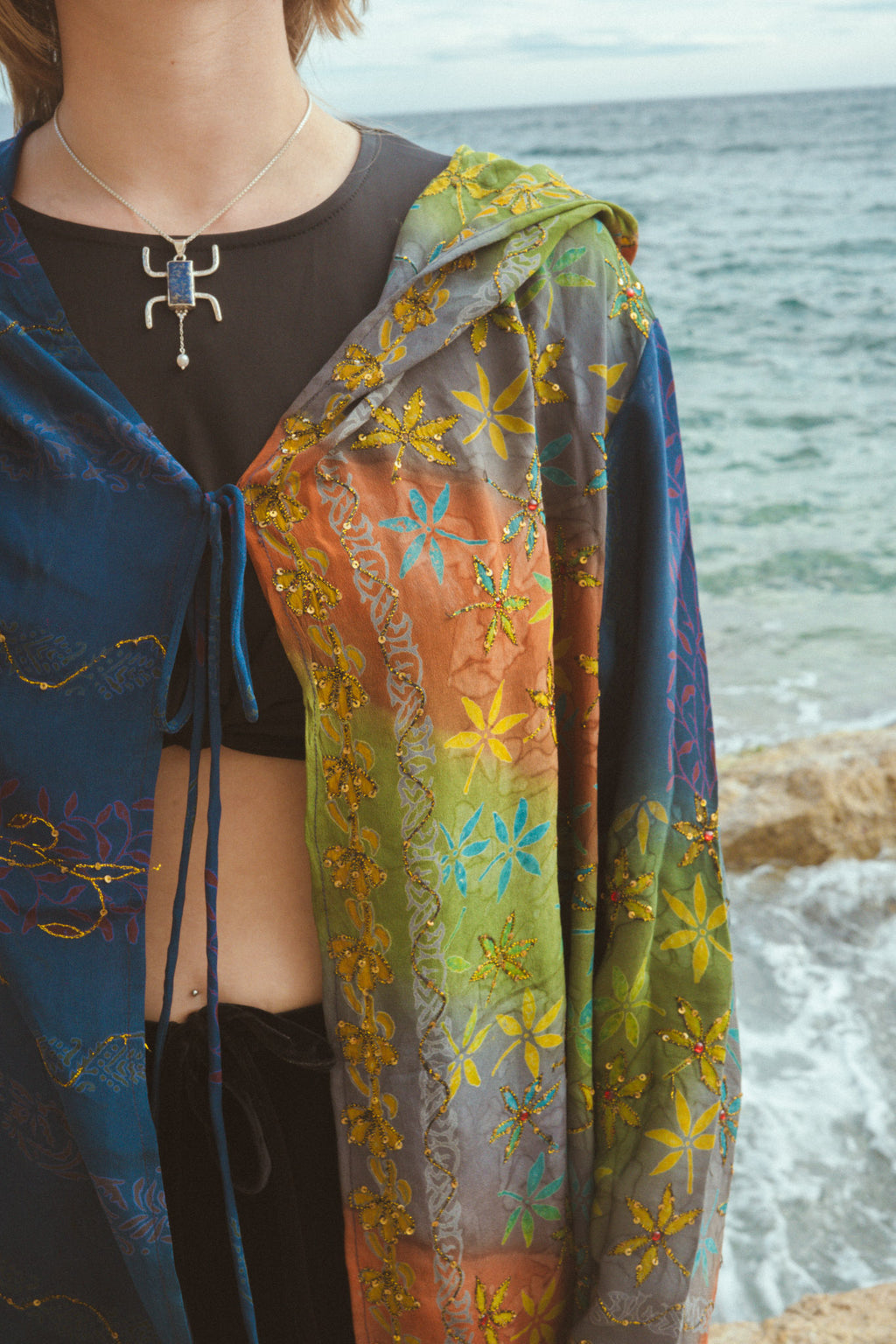 Rainbow patchwork silk jacket kimono with embroidery