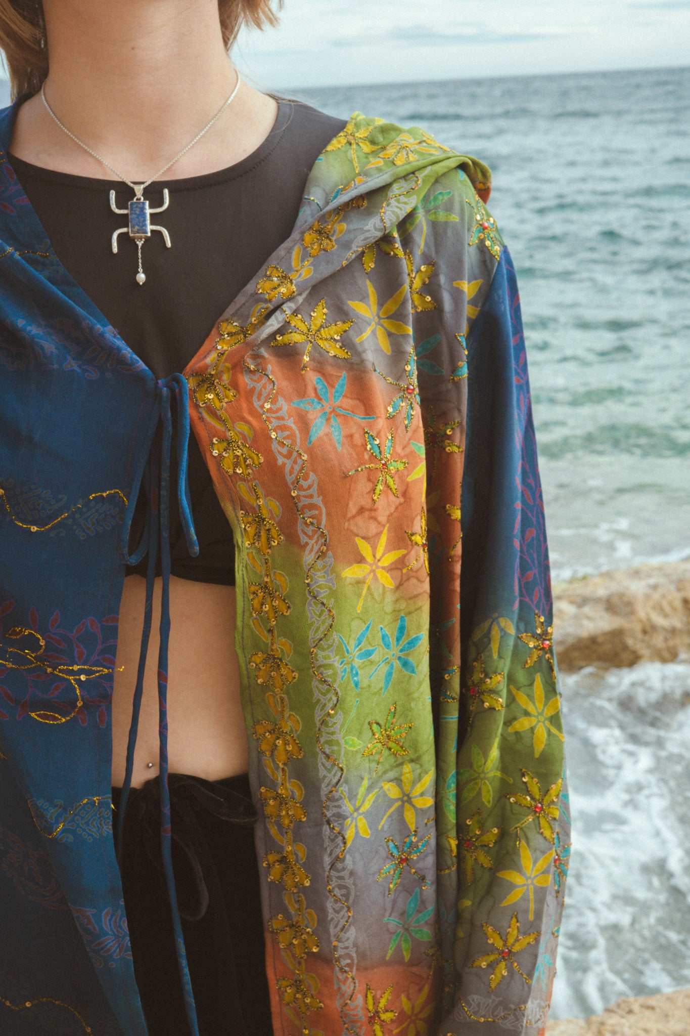 Rainbow patchwork silk jacket kimono with embroidery