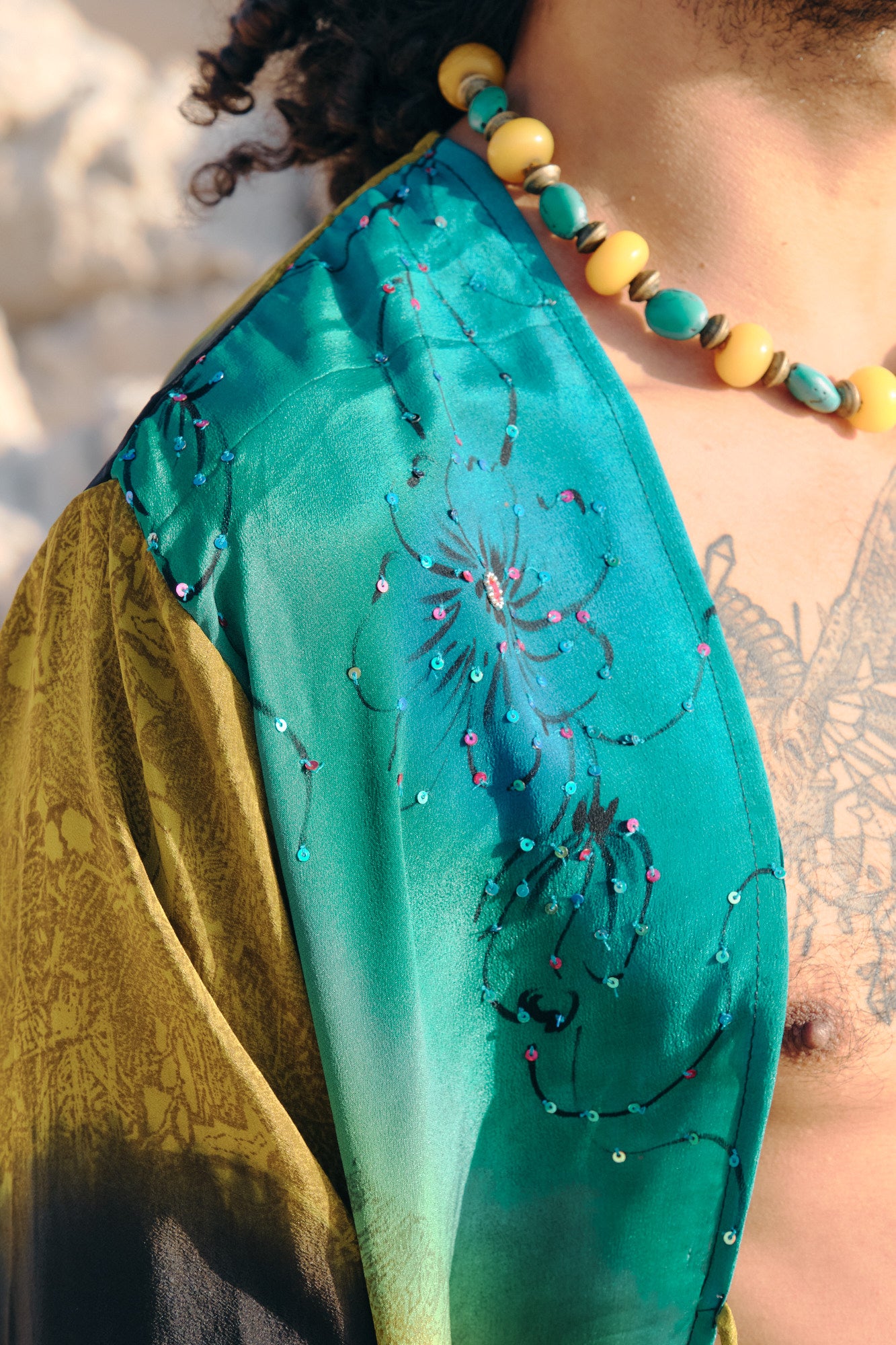 Long kimono unisex mustard turquoise and black