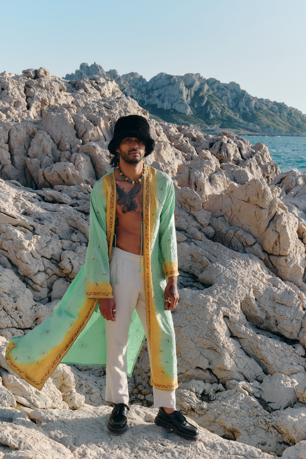 Green and yellow unisex silk kimono with emrboidery