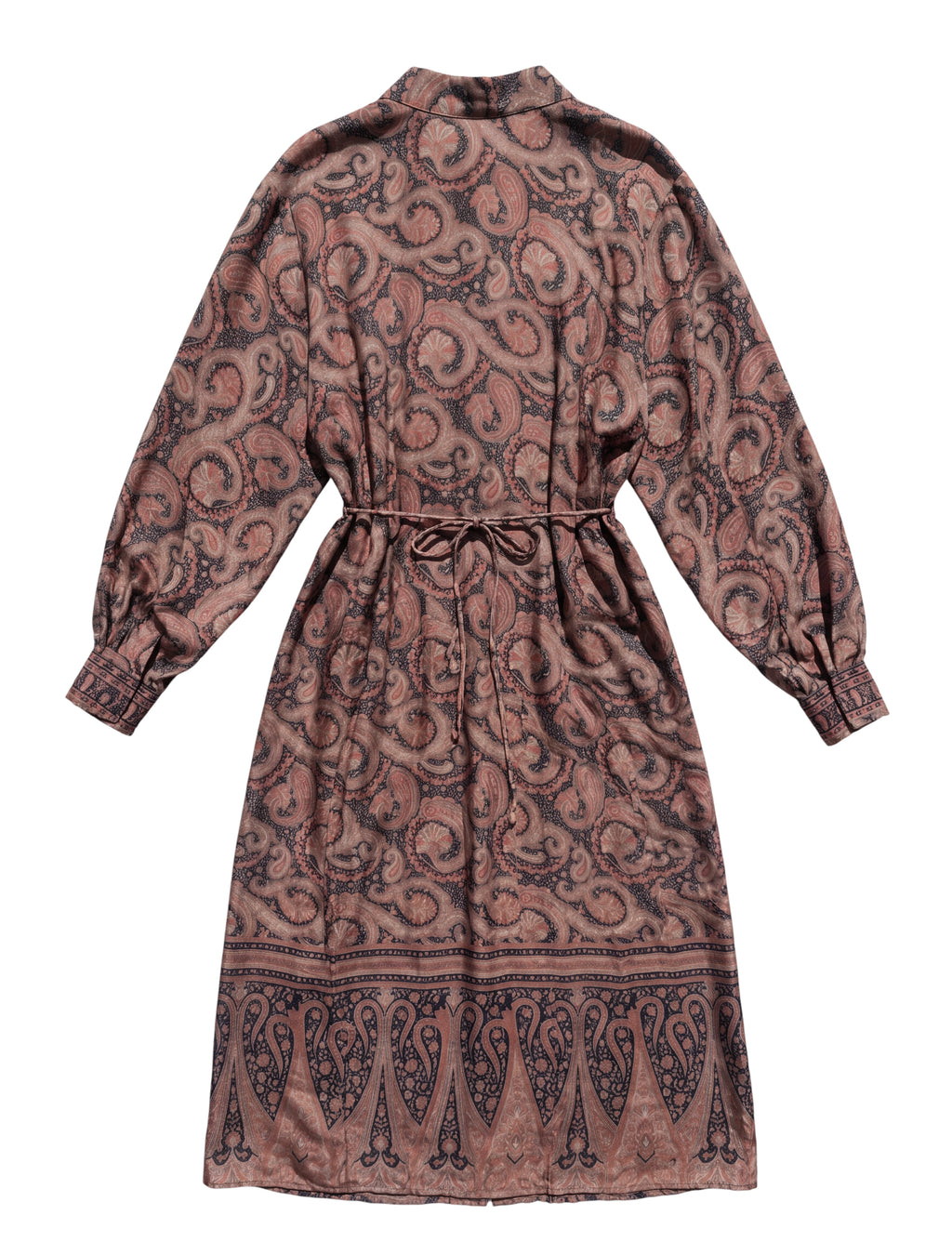 Long dress crafted from a vintage Indian sari. Puffed sleeves, shirt collar, wrist cuffs. Unique garment. 100% silk. Conscious fashion.