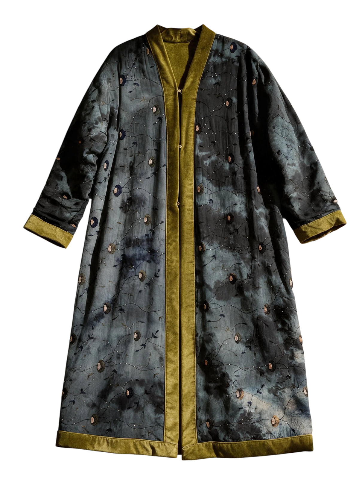 The Ceremonial - Forest Temple flatlay frontside - a long silk kimono coat ith cotton velvet lining, elegant outfit