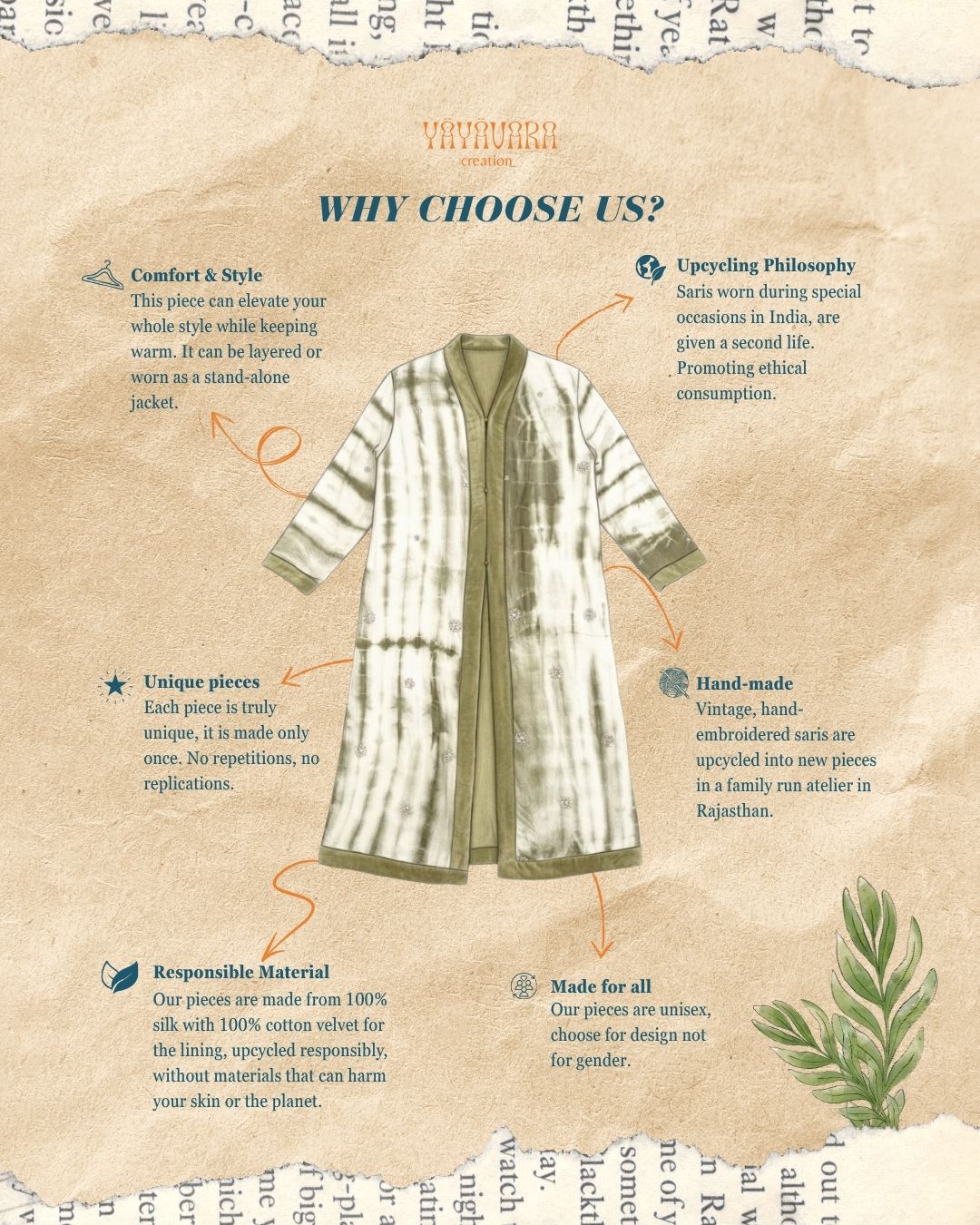 Pure silk garment with handmade embroidery, sustainable fashion, unique piece