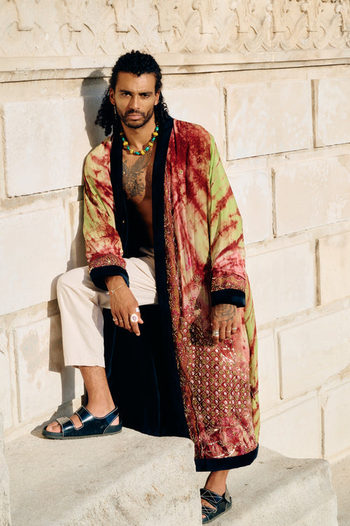 The Ceremonial Altar long silk coat vintage silk handmade embroidery yellow and dark red velvet lining