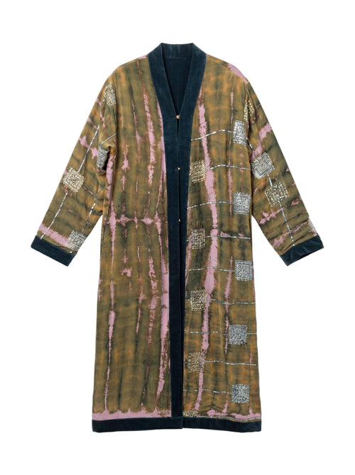 Flatlay frontside view of The Ceremonial long silk coat long sleeves with cotton velvet lining one of a kind and unique piece of garment, conscious creation, sustainable fashion by Yayavara Creation