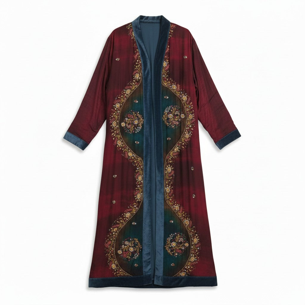 Frontside view of The Ceremonial long silk coat  long sleeves with cotton velvet lining one of a kind and unique piece of garment, conscious creation, sustainable fashion by Yayavara Creation