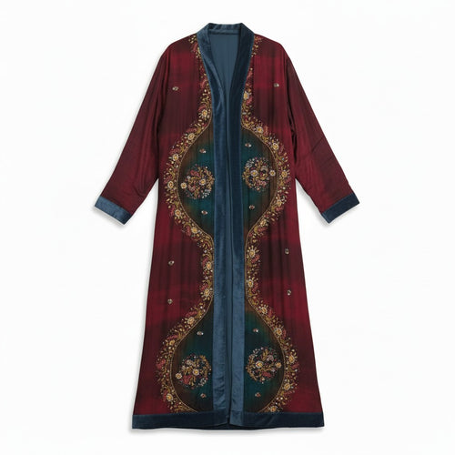 Frontside view of The Ceremonial long silk coat long sleeves with cotton velvet lining one of a kind and unique piece of garment, conscious creation, sustainable fashion by Yayavara Creation