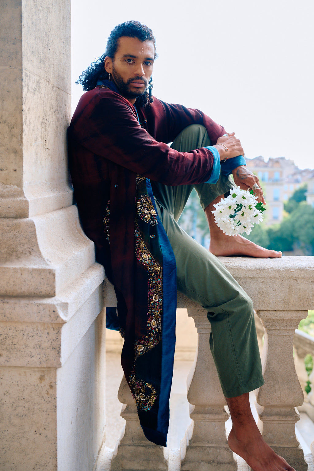 The Ceremonial long coat made of natural satin silk soft and shinny with handmade embroidery that shines like diamonds unisex collection by Yayavara Creation