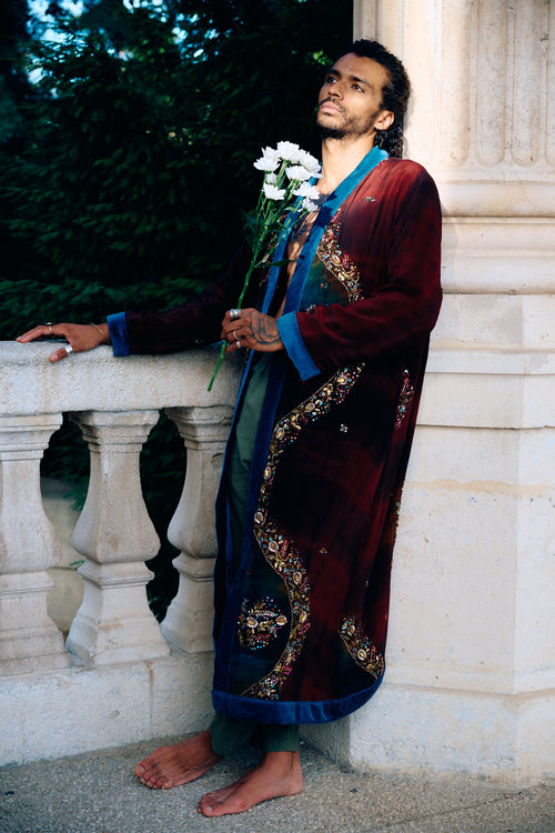 The Ceremonial long coat upycling vintage silk natural fabrics handmade embroidery unisex collection Yayavara Creation