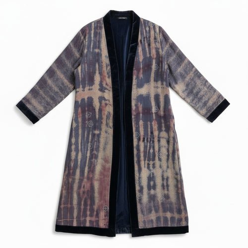 Flatlay of The Ceremonial long silk coat with cotton velvet lining one of a kind and unique piece of garment, conscious creation, sustainable fashion by Yayavara Creation