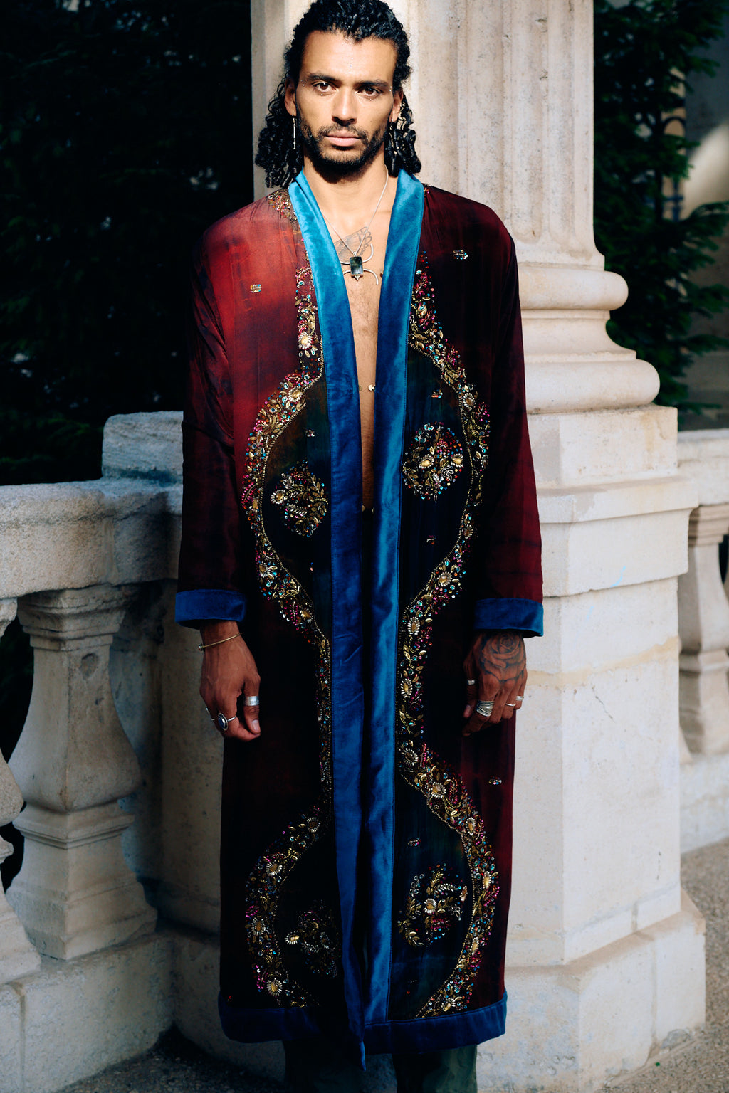 The Ceremonial long coat made of natural satin silk soft and shinny with handmade embroidery that shines like diamonds unisex collection by Yayavara Creation